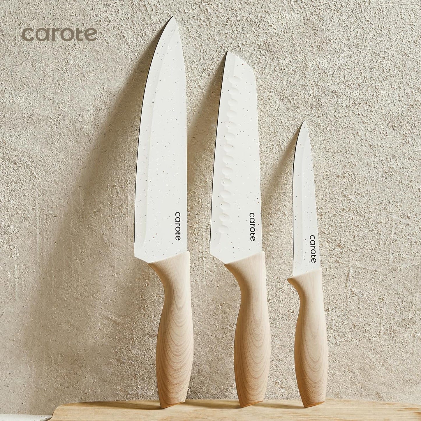 12PCS Knife Set with Blade Guards,Granite Nonstick Ceramic Coating,Stainless Steel Blade, Wood Grain Handle, Essential Knife Set,White