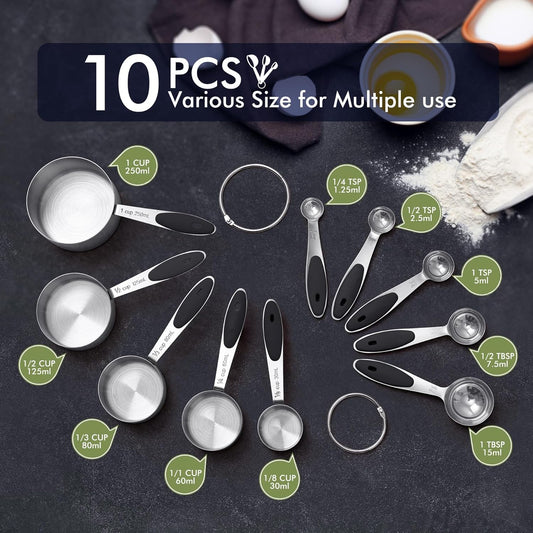 10-PACK Measuring Cups and Spoons Set, Kitchen Gadagets Cooking Baking,Heavy Duty & Dishwasher Safe for Dry and Liquid Ingredients,Black