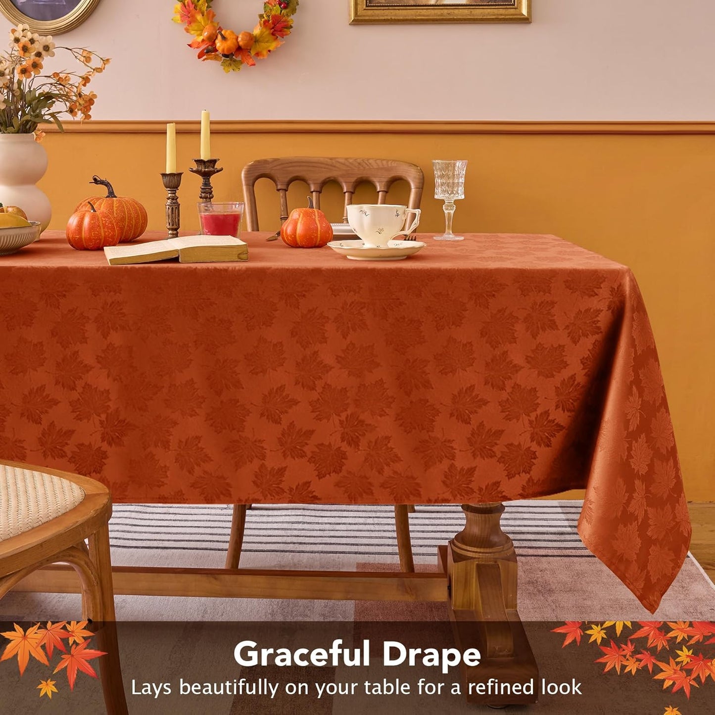 2 Packs Fall Tablecloth Rectangle Tables 60X84''-Rust Thanksgiving Autumn Harvest Gathering Jacquard Fabric Damask Table Cloths Kitchen Dinner Dining Outdoor Picnic Holiday Parties