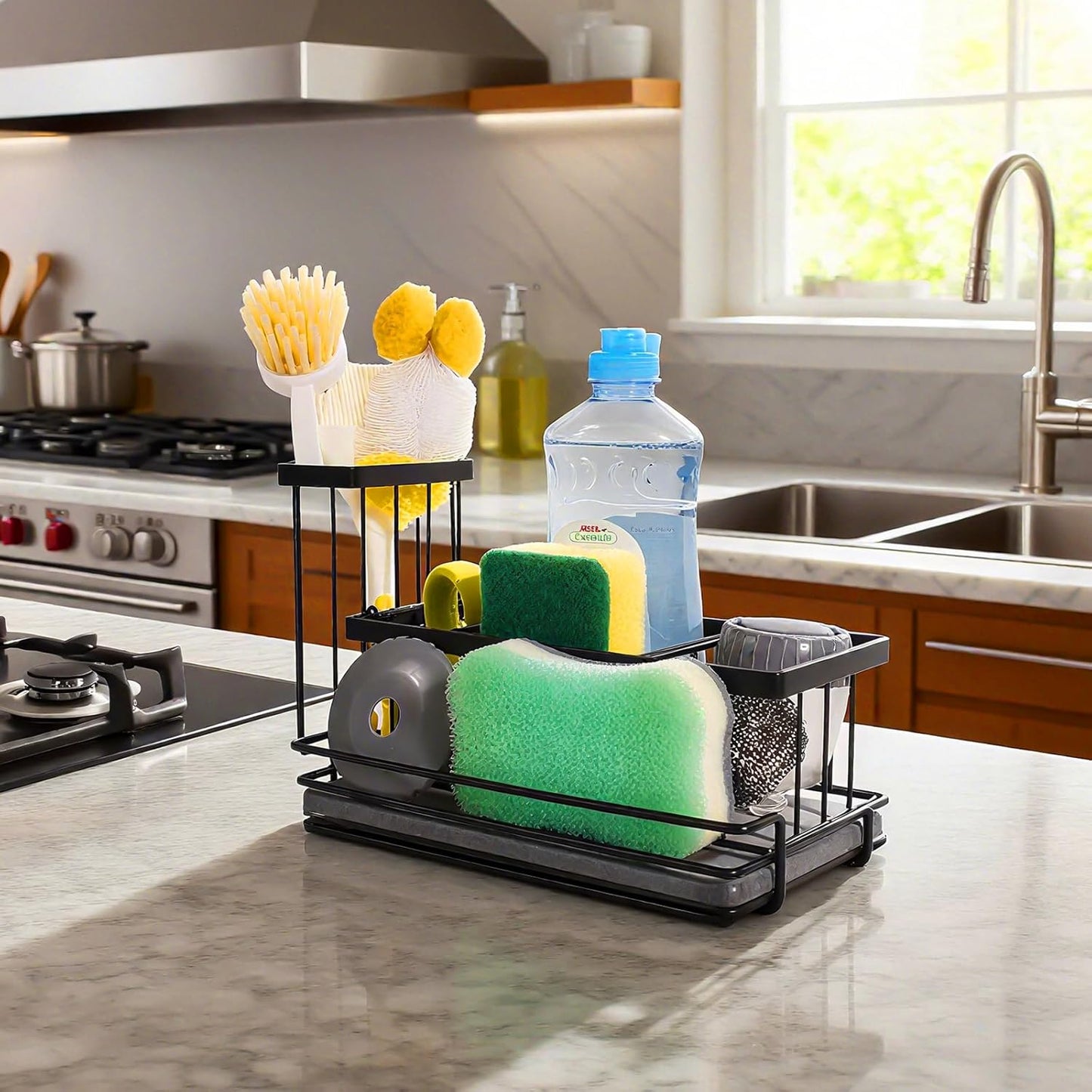 Kitchen Sink Caddy Organizer with Fast Drying Stone Tray, Rustproof Stainless Steel Sponge Holder for Kitchen Countertop, Diatomaceous Earth Mat for Soap Scrubber & Brush