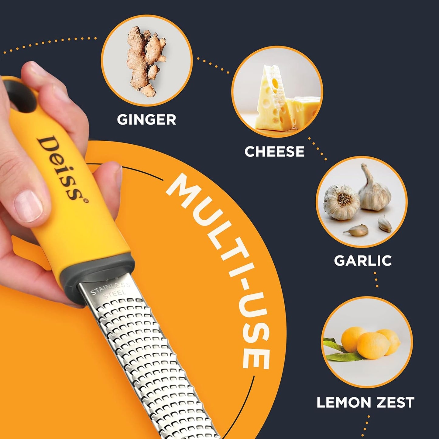 PRO Citrus Zester & Cheese Grater — Parmesan Cheese Lemon, Ginger, Garlic, Nutmeg, Chocolate, Vegetables, Fruits - Razor-Sharp Stainless Steel Blade, Wide, Dishwasher Safe