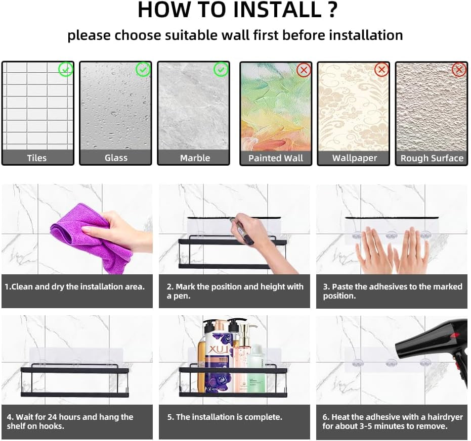 Set of 6 Bathroom Essentials Black Suction Cup Shower Caddy with Shower Baskets, Hooks, Razor Toothbrush Holder, and Soap Dish for inside Shower Storage