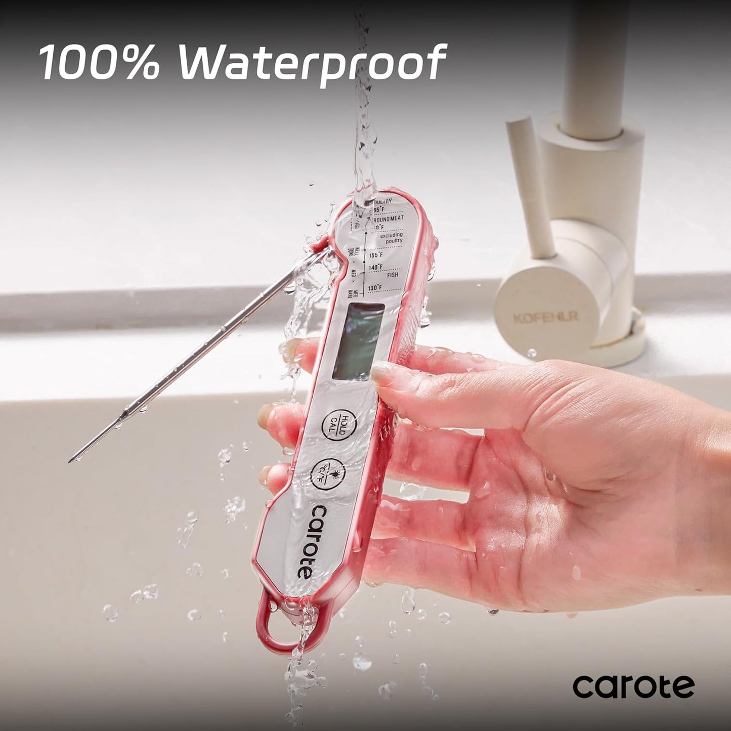 Instant Read Meat Thermometer Digital, 100% Waterproof/Auto Flip/Bright LCD Screen Function for Kitchen and Outside,Bbq, Turkey, Candy, Liquids, Beef (White/Red)