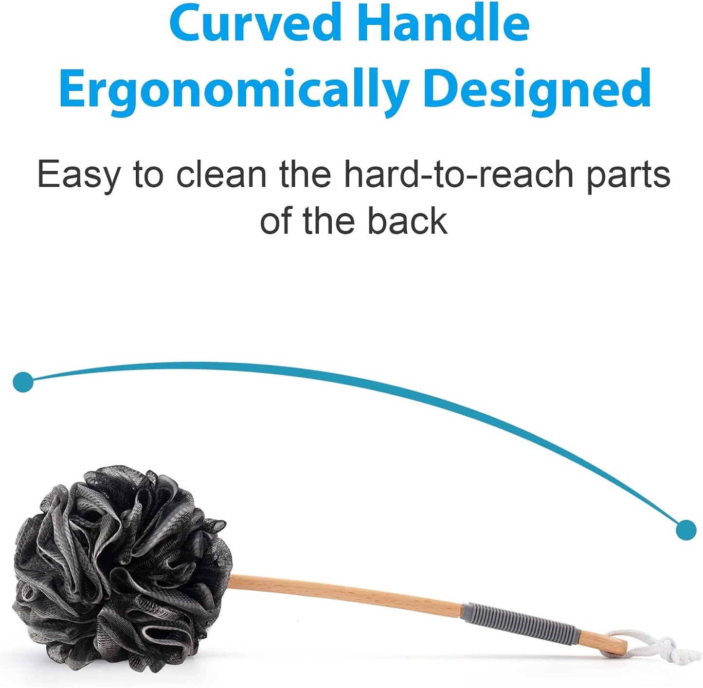 Shower Sponge Loofah Back Scrubber, PE Soft Mesh Loofah Body Scrubber with Long Wooden Handle, Bath Sponge for Men Women (Black)