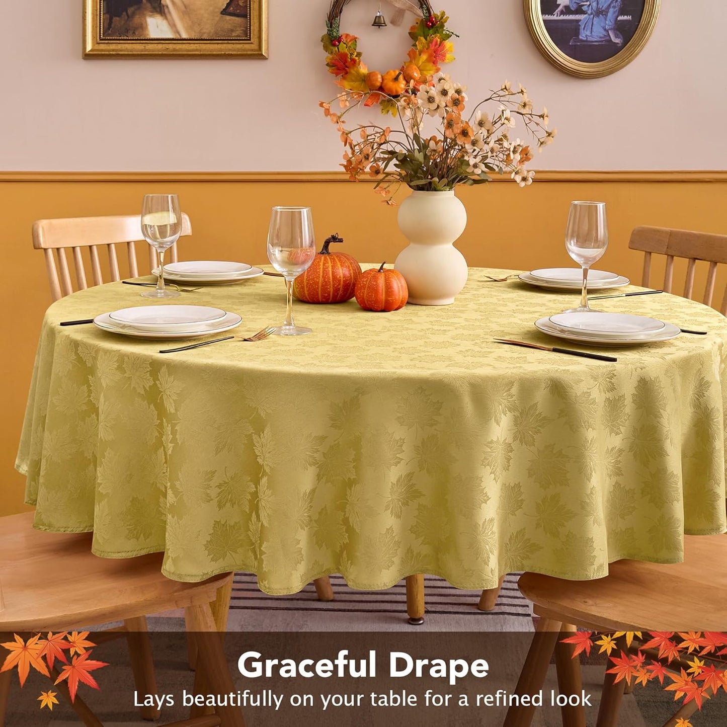 Fall round Tablecloth 60''-Gold Thanksgiving Autumn Harvest Gathering Jacquard Fabric Damask Table Cloth, Small Circle Folding Table Covers Kitchen Dinner Dining Picnic Holiday Parties