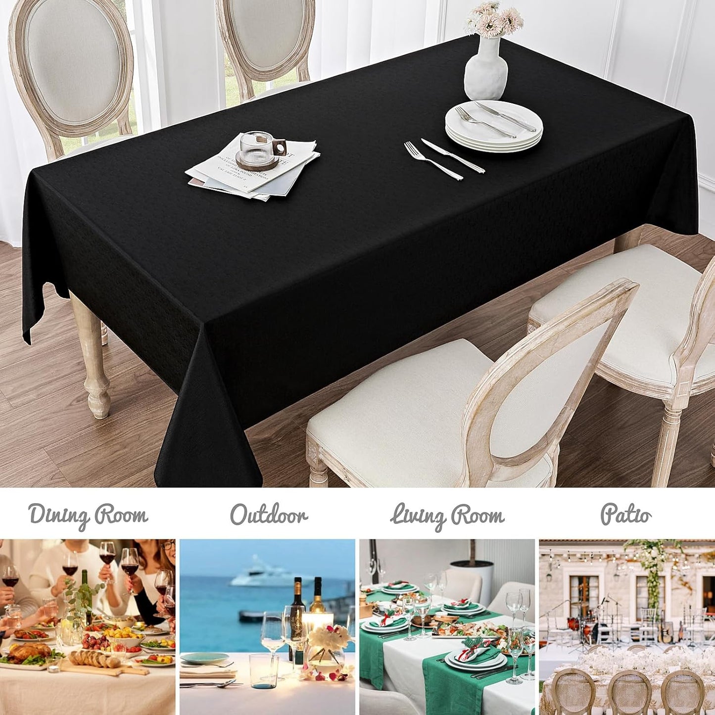 Rectangle Tablecloth Waterproof 52X70 Inch Linen Textured Table Cloth Stain and Wrinkle Resistant Washable, Decorative Fabric Table Cover for Dining, Party and Camping, Black