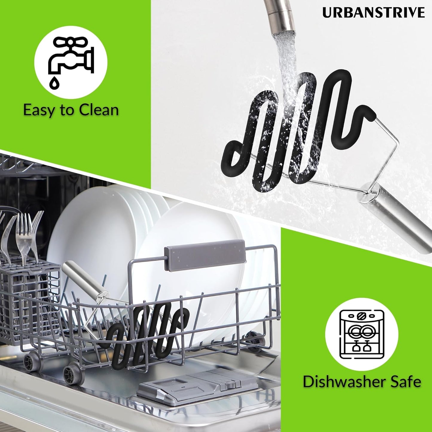 Non-Scratch Silicone Potato Masher Kitchen Tool, Potatoes Masher Potato Masher Stainless Steel Wrapped in Premium Silicone, Potato Smasher (Black)