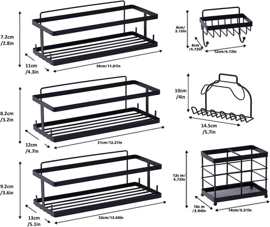 Set of 6 Bathroom Essentials Black Suction Cup Shower Caddy with Shower Baskets, Hooks, Razor Toothbrush Holder, and Soap Dish for inside Shower Storage