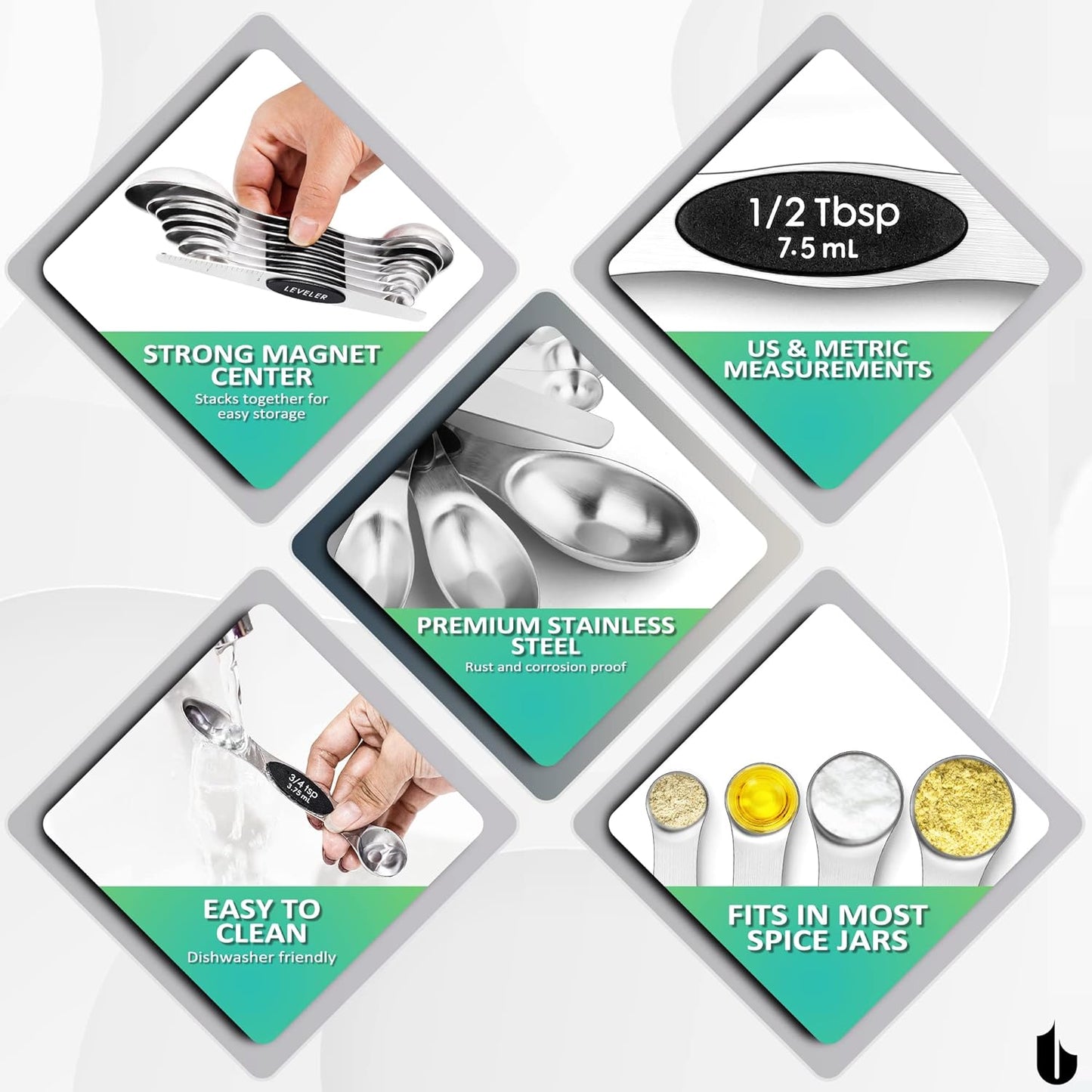 8 Pcs Upgraded Magnetic Measuring Spoons Set Stainless Steel Dual Sided for Liquid Dry Food Measuring Cups Spoons Set Fits in Spice Jar Kitchen Gadgets Including Leveler, Silver