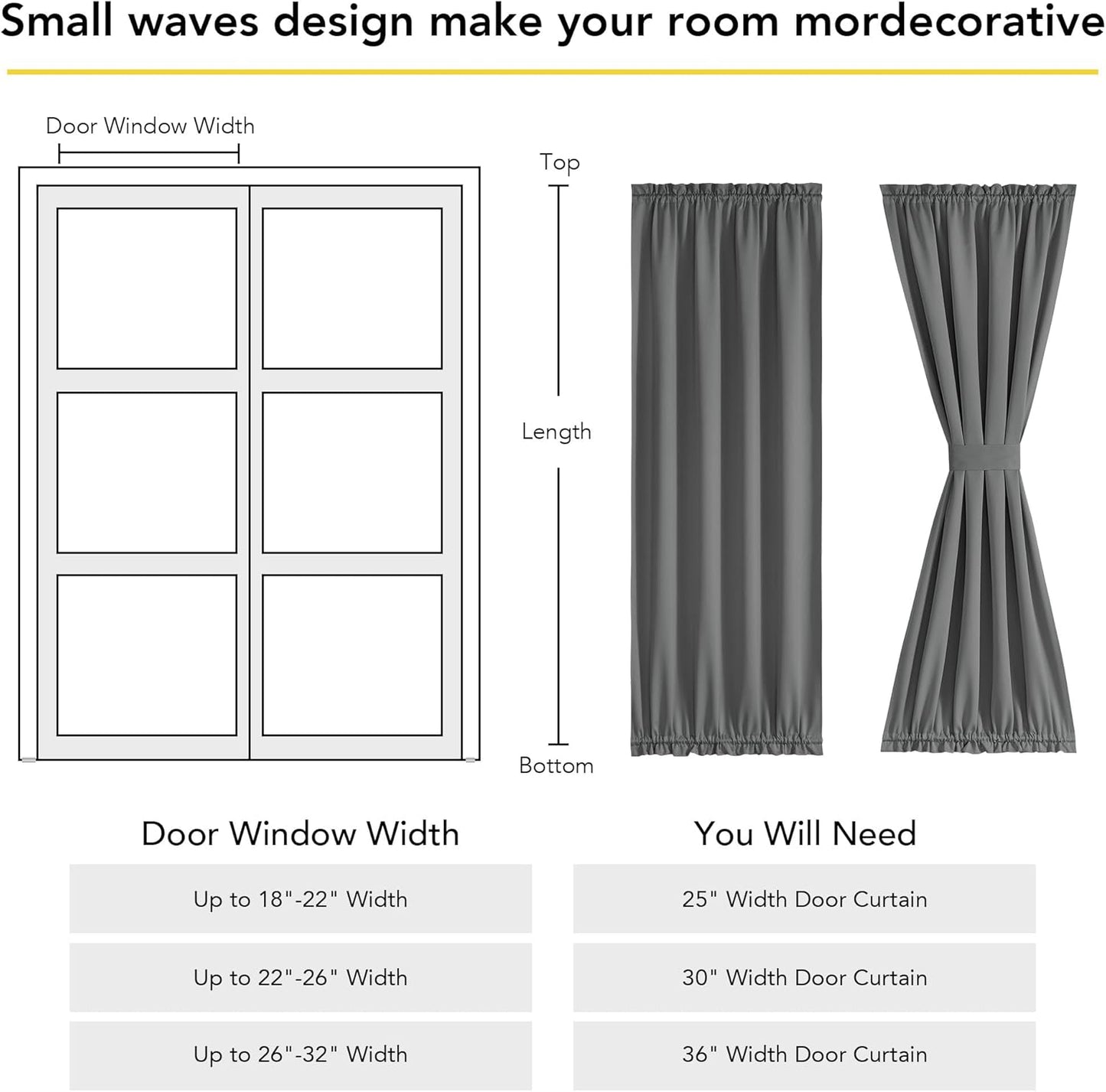 100% Blackout Door Curtain for Window, Privacy French Front Door Shade Thermal Insulated Window Covering for Kitchen Living Room Bedroom, 1 Panel, Grey, 25" W X 72" L