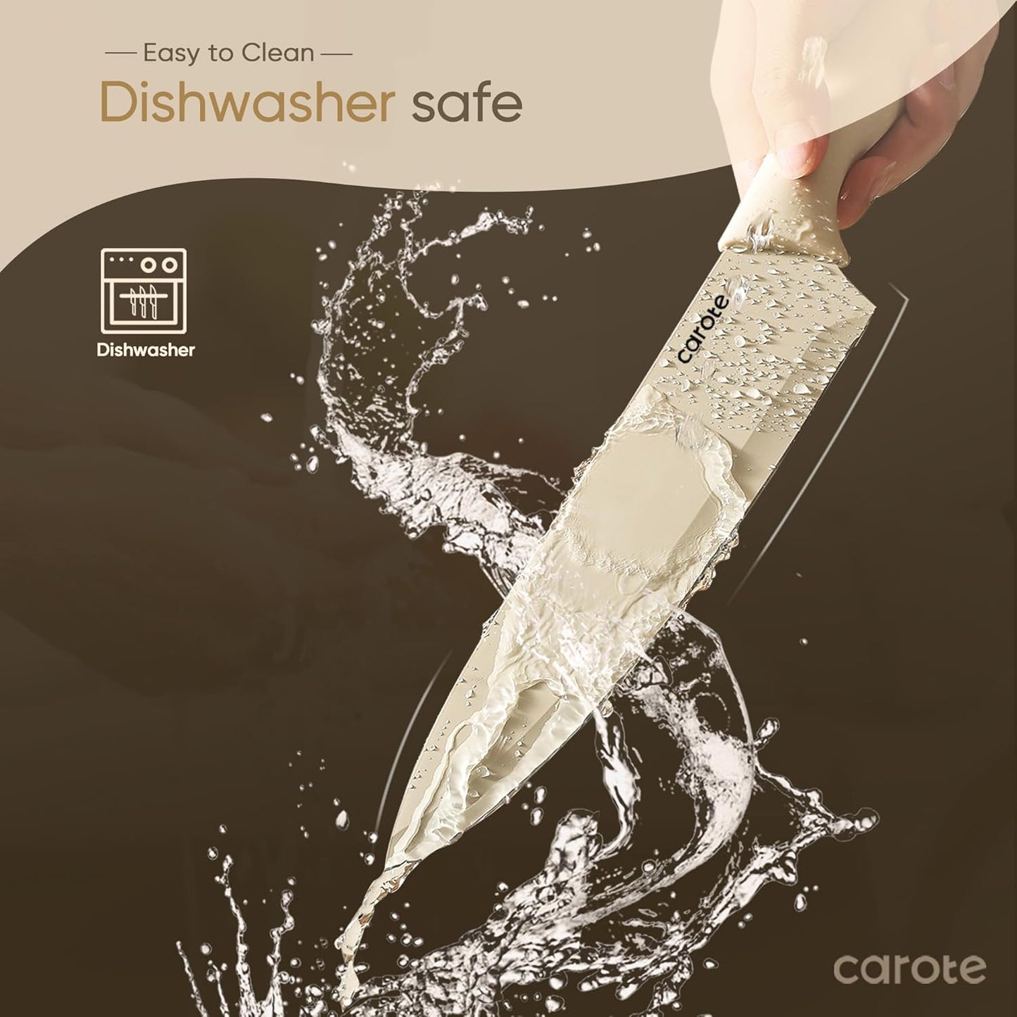 12 Pieces Kitchen Knife Set, Stainless Steel Knife Set with Nonstick Ceramic Coating, Dishwasher Safe with 6 Blade Guards, Rustproof, Brown