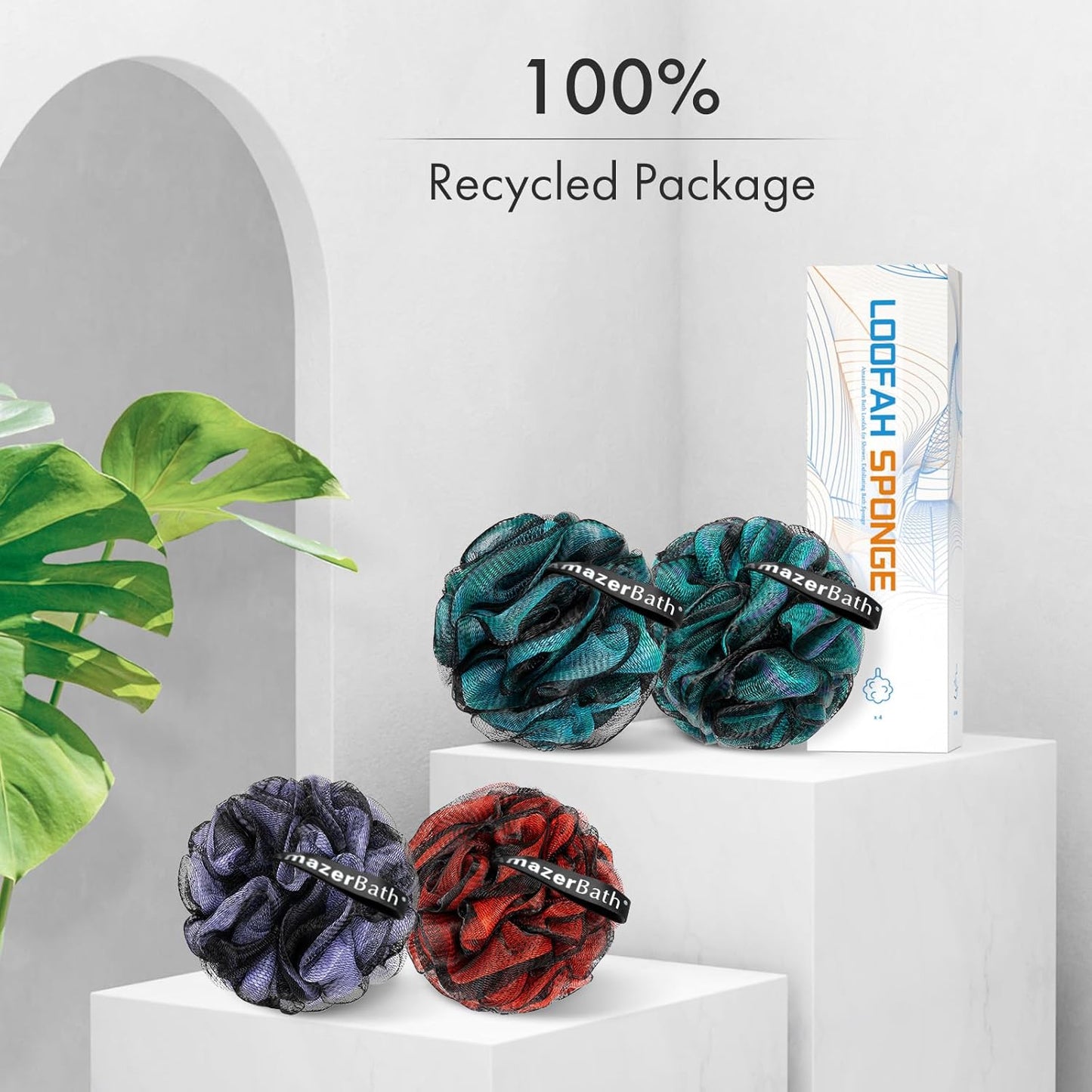 Charcoal Loofah Sponge, Shower Loofah 60G/Pcs - Body Scrubber Loofa Set of 4 - Charcoal Blue, Green, Purple & Red, Bath Sponge for Men and Women