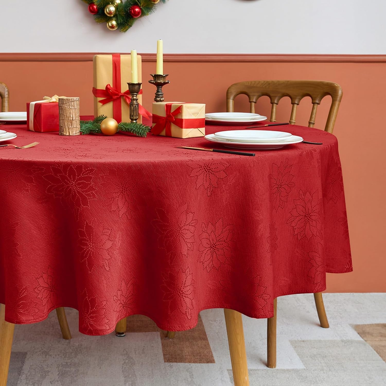 Christmas Red Tablecloth round 60 Inch-Fabric Xmas Holiday Winter Table Cloth-Jacquard Damask Poinsettia Modern Table Cover Small Circle Kitchen Dinner Dining Picnic Holiday Parties