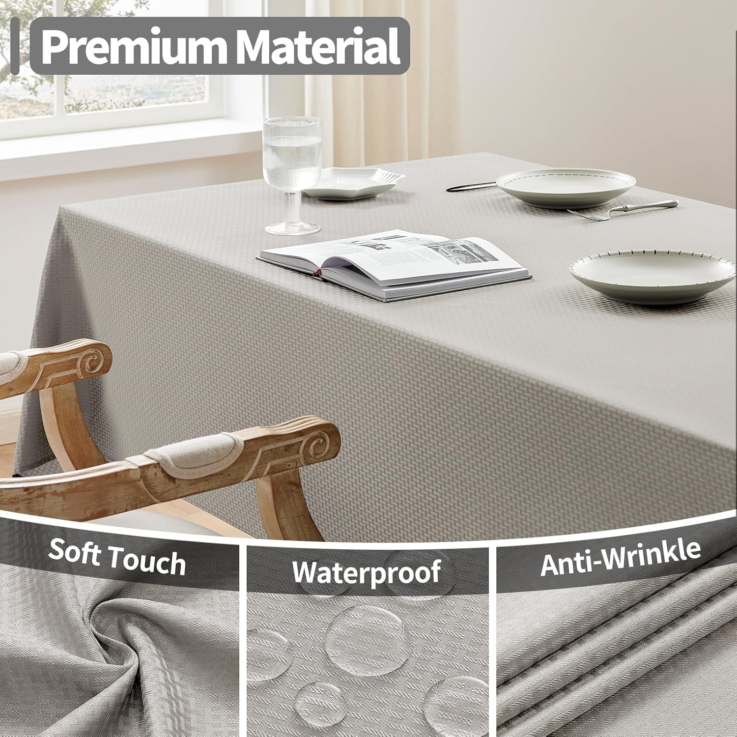 Rectangle Tablecloth Weaved Textured Water Resistant Spill Proof Table Cloth, Decorative Fabric Wrinkle Free Table Cover for Events and Dinner, 60 X 84 Inch, Light Grey