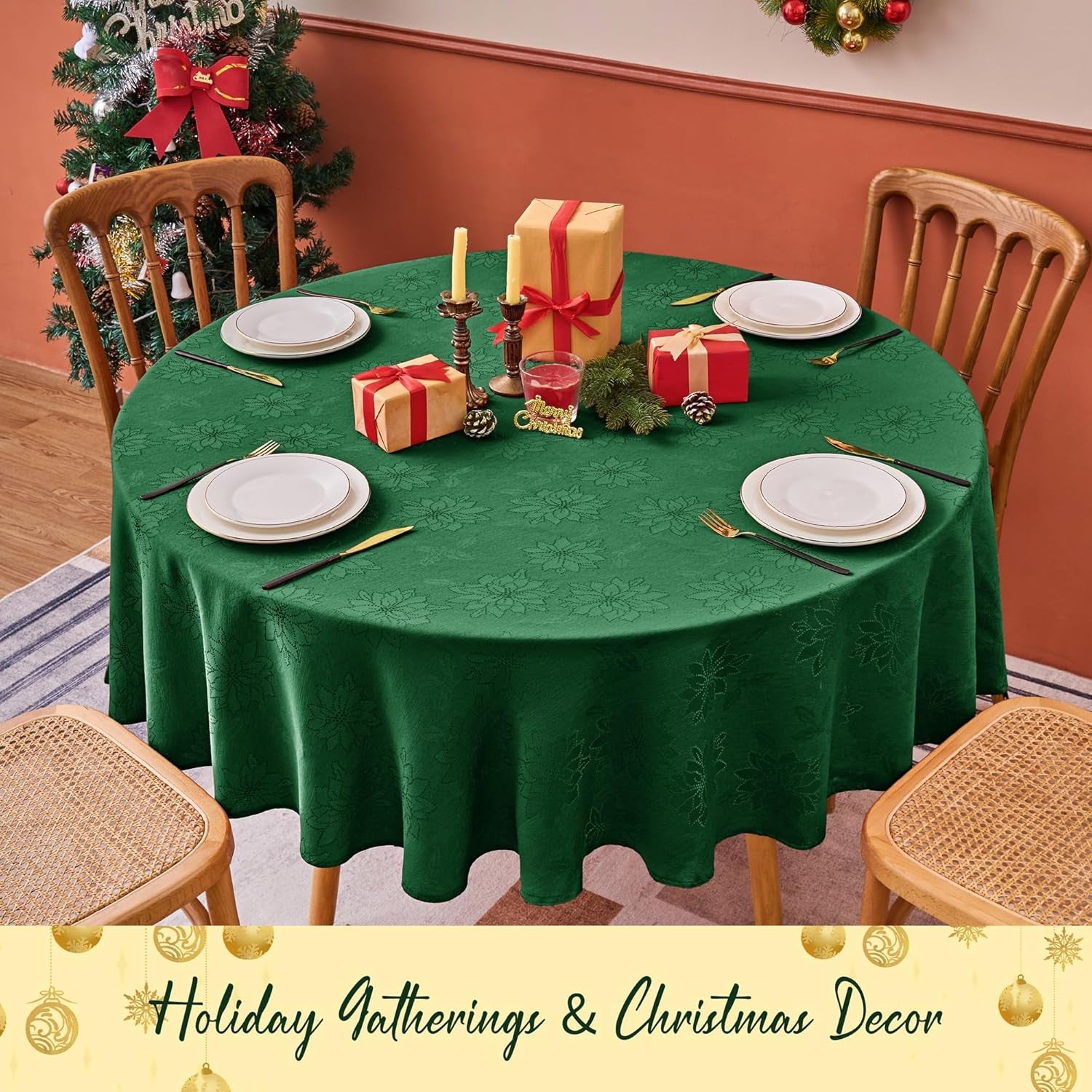 Christmas Hunter Green Tablecloth round 60 Inch-Fabric Xmas Holiday Winter Table Cloth-Jacquard Damask Poinsettia Modern Table Cover Small Circle Kitchen Dinner Dining Picnic Holiday Party