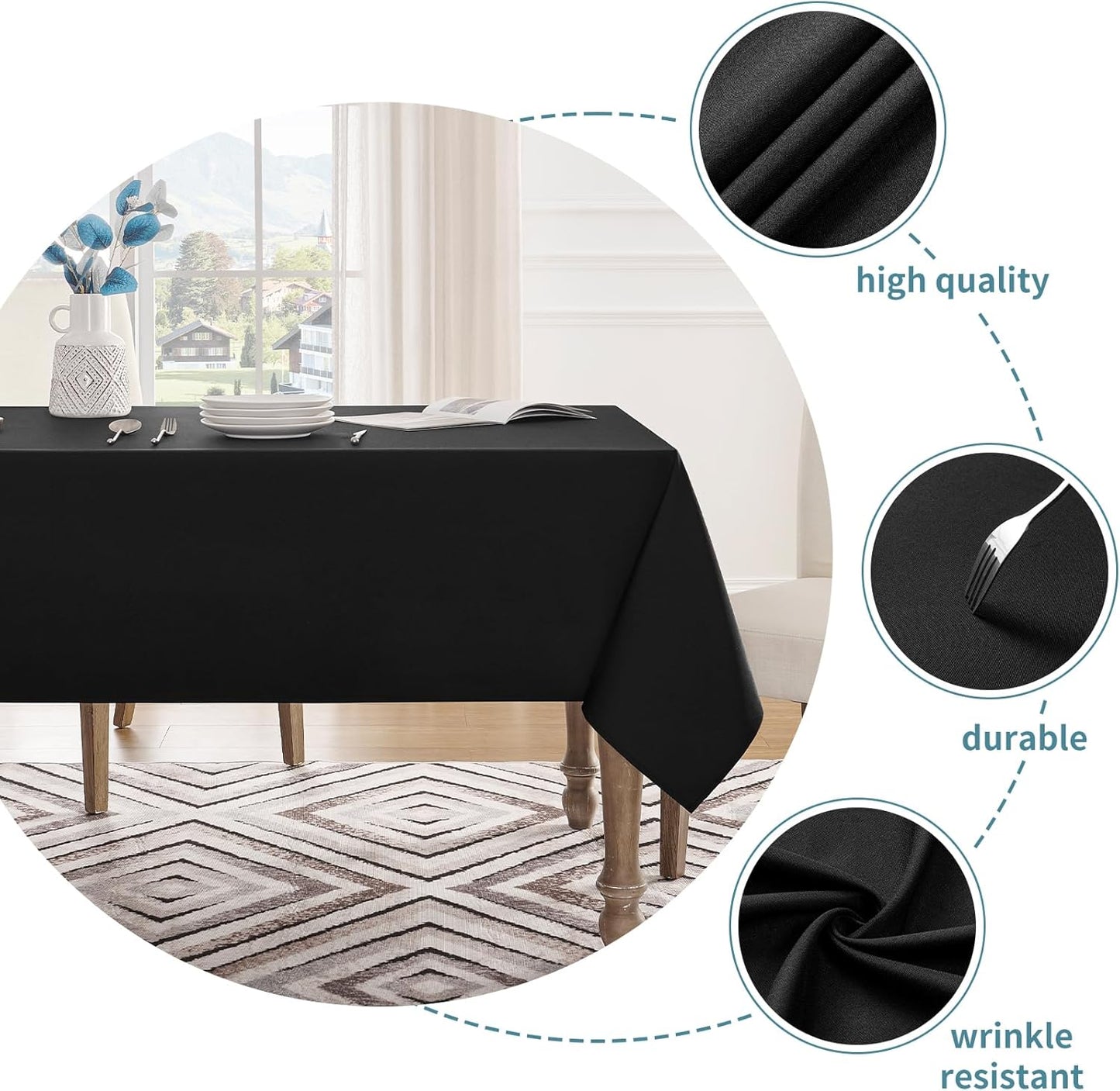 Table Cloth Rectangle Waterproof Spill-Proof Wrinkle-Free Tablecloth Washable, Kitchen Dining Tabletop Decoration, Fabric Table Cover for Indoor and Outdoor Use, 60 X 120 Inch, Black