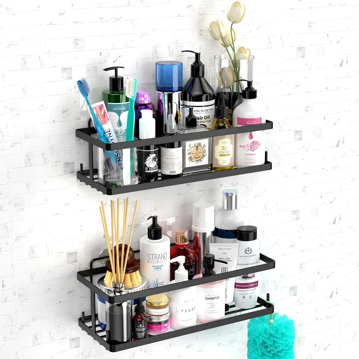 Set of 6 Bathroom Essentials Black Suction Cup Shower Caddy with Shower Baskets, Hooks, Razor Toothbrush Holder, and Soap Dish for inside Shower Storage