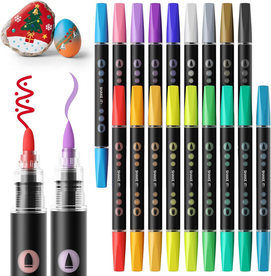 18 Colors Acrylic Paint Markers, Dual Tips Paint Pens with Bullet and Brush Tip, Coloring Markers for Paper, Metal, Rock, Ceramic, Wood, Canvas, Glass, DIY Crafts Art Supplies Kit
