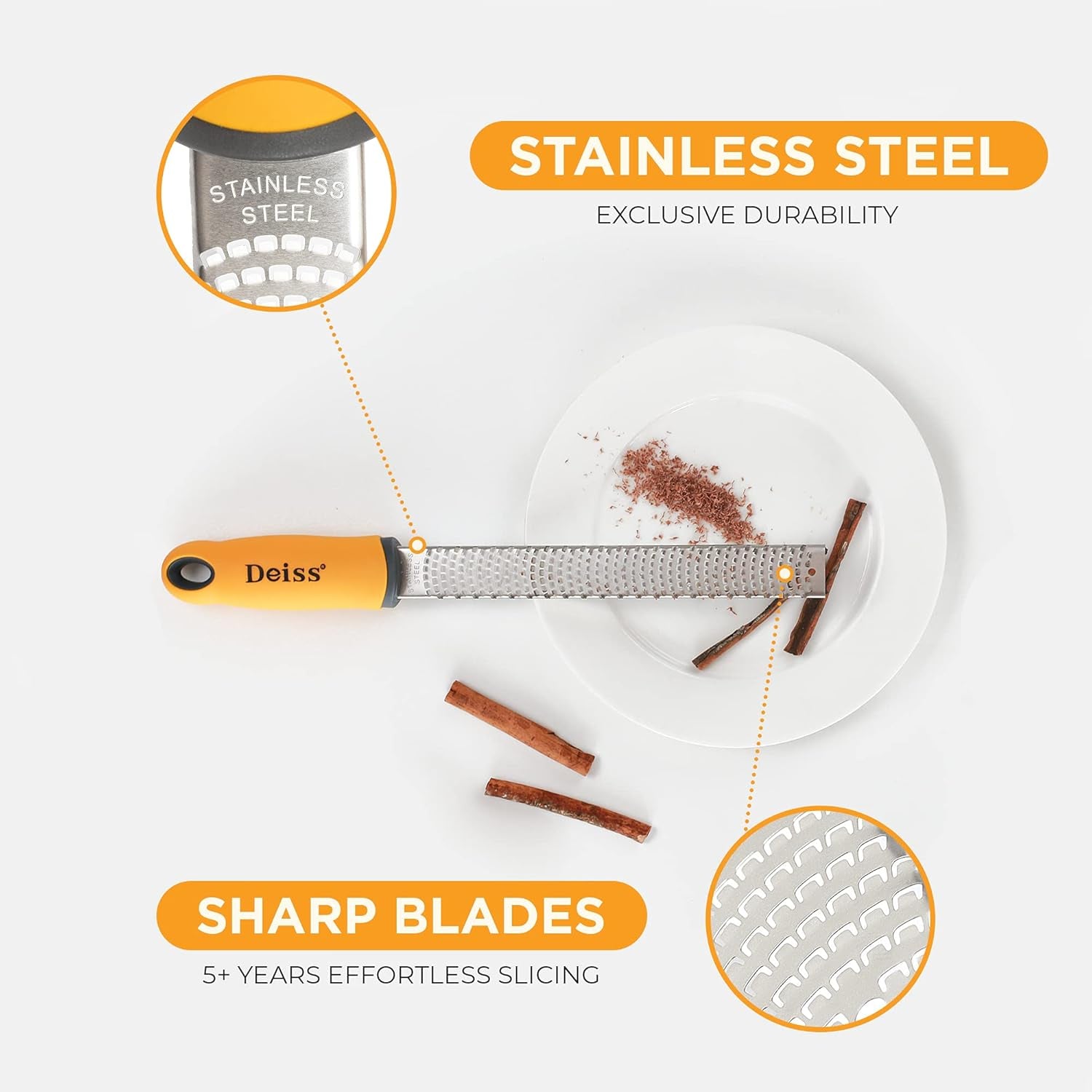 PRO Citrus Zester & Cheese Grater — Parmesan Cheese Lemon, Ginger, Garlic, Nutmeg, Chocolate, Vegetables, Fruits - Razor-Sharp Stainless Steel Blade, Wide, Dishwasher Safe