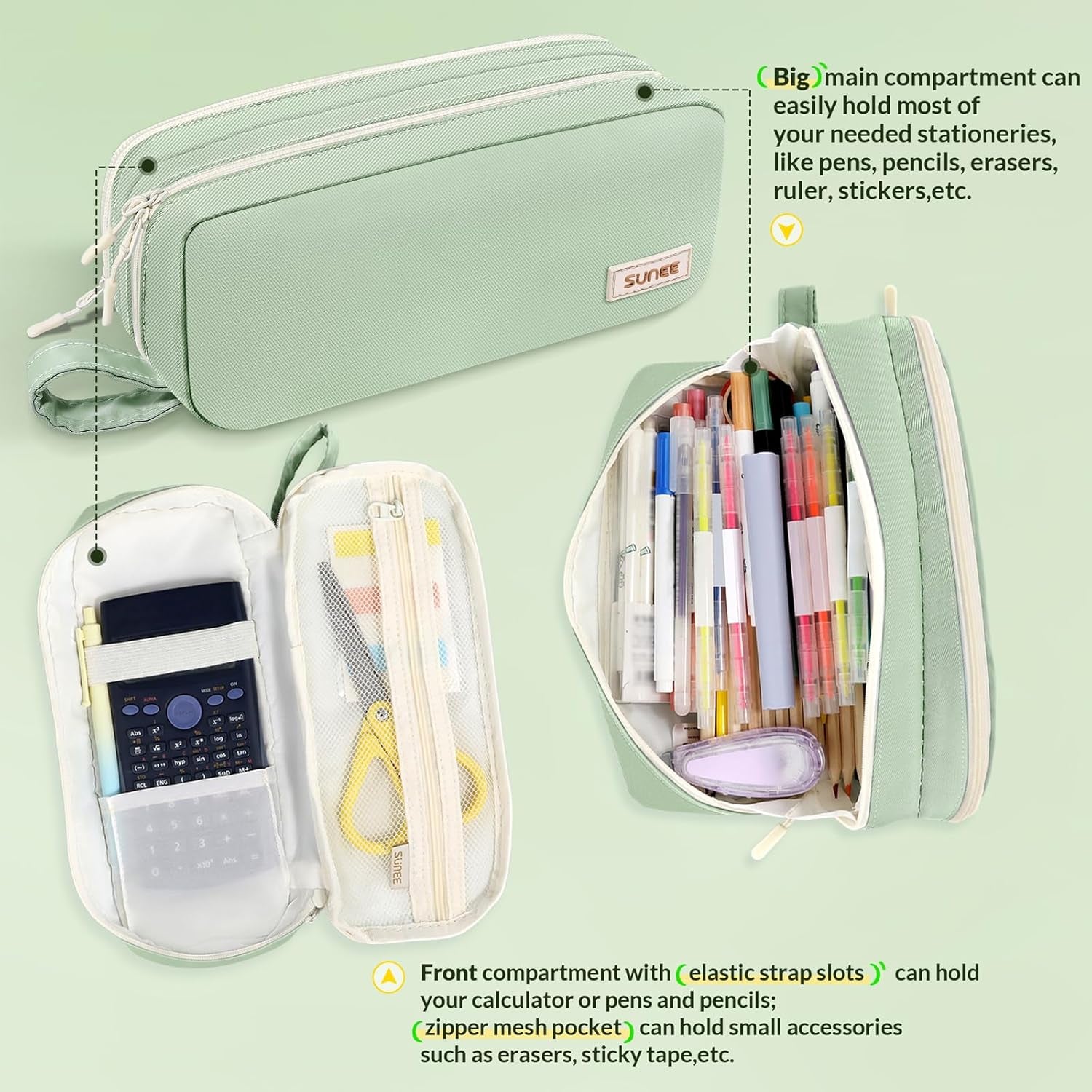 Pencil Case, Large Capacity Pencil Pouch, Aesthetic Pen Bag Office Stationery Organizer Simple Sturdy Multifunctional for Teen Girls Women Men, Green