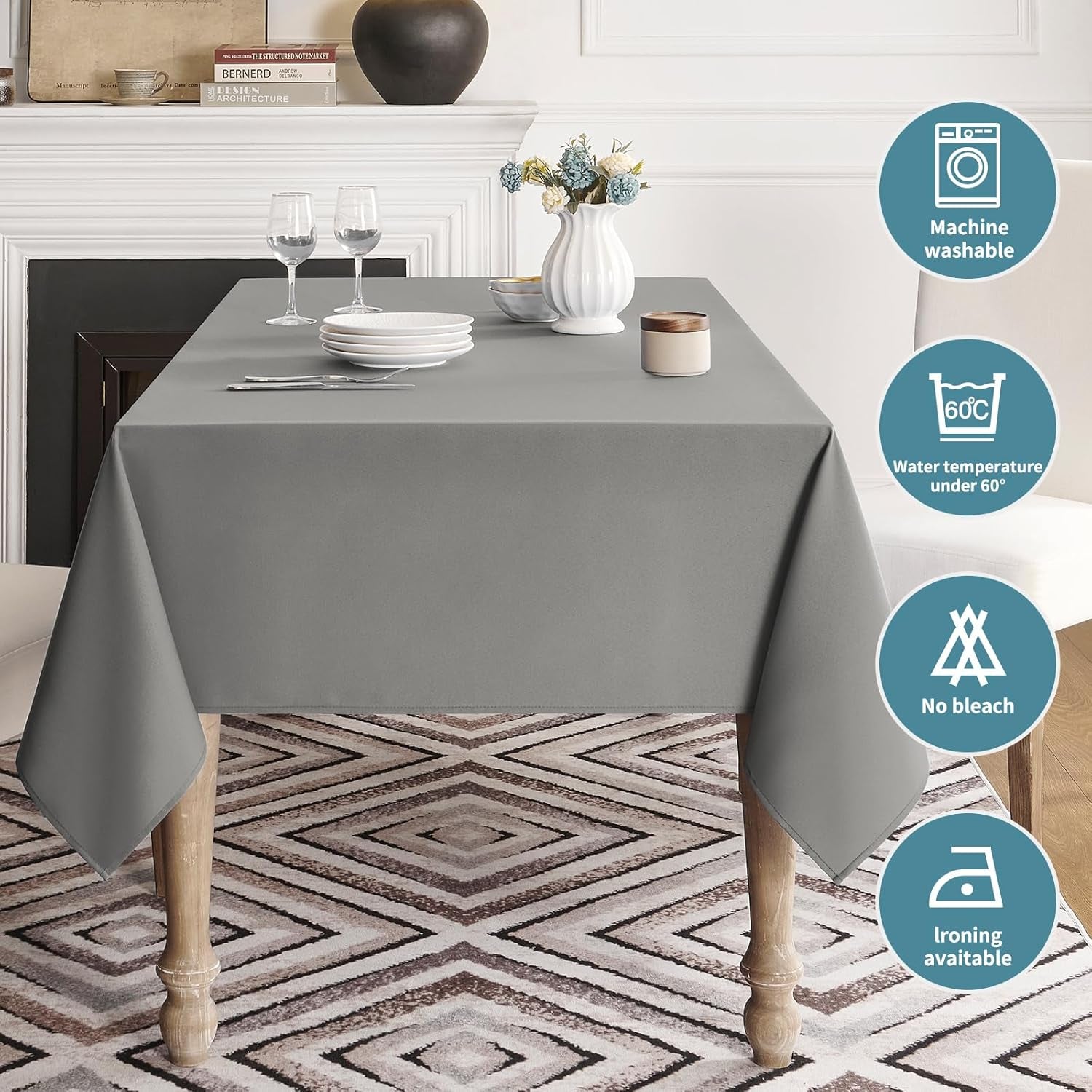 Table Cloth Rectangle Waterproof Spill-Proof Wrinkle-Free Tablecloth Washable, Kitchen Dining Tabletop Decoration, Fabric Table Cover for Indoor and Outdoor Use, 52 X 70 Inch, Light Grey