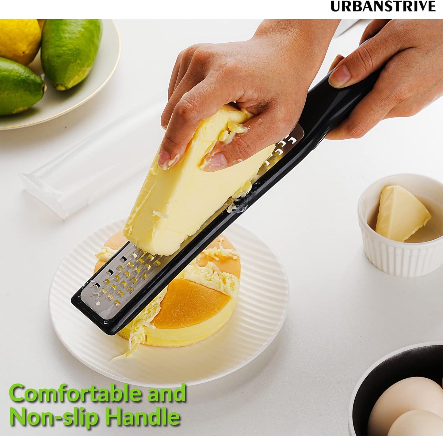 Cheese Grater with Handle, Lemon Zester Graters for Kitchen Stainless Steel, Hand Grater for Ginger Garlic Nutmeg Chocolate Fruits Vegetables, Sharp, Non-Slip Handle & Foot, Black