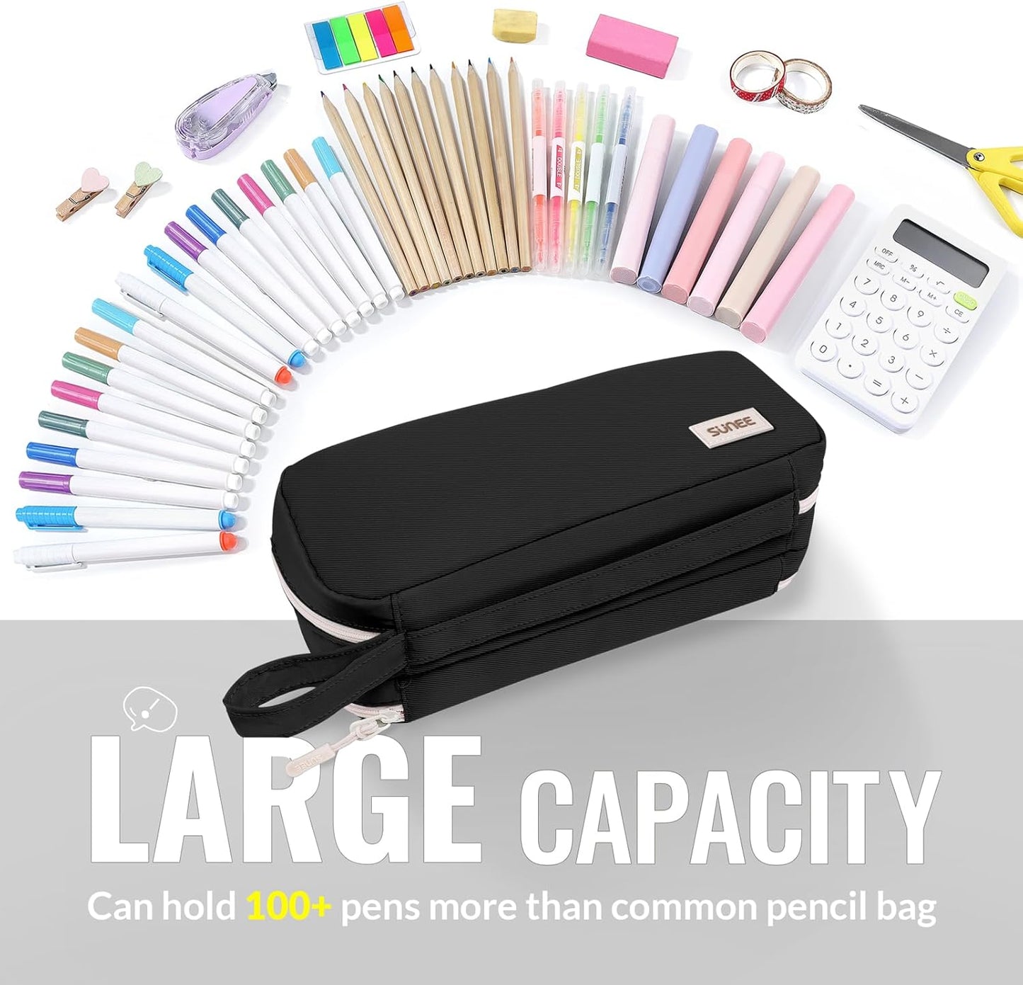 Pencil Case, Large Capacity Pencil Pouch, Aesthetic Pen Bag Office Stationery Organizer Simple Sturdy Multifunctional for Teen Girls Women Men, Black