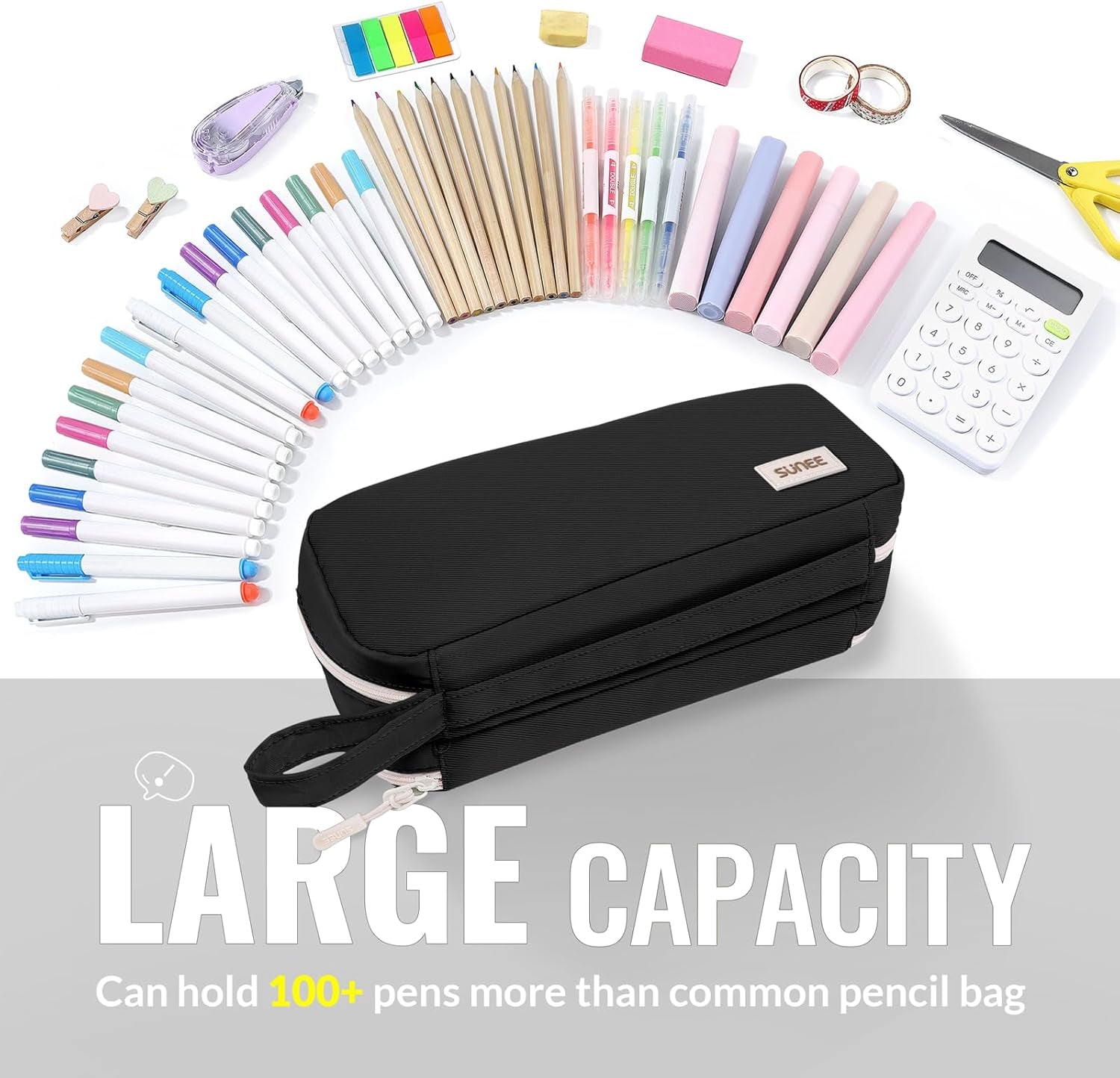 Pencil Case, Large Capacity Pencil Pouch, Aesthetic Pen Bag Office Stationery Organizer Simple Sturdy Multifunctional for Teen Girls Women Men, Black