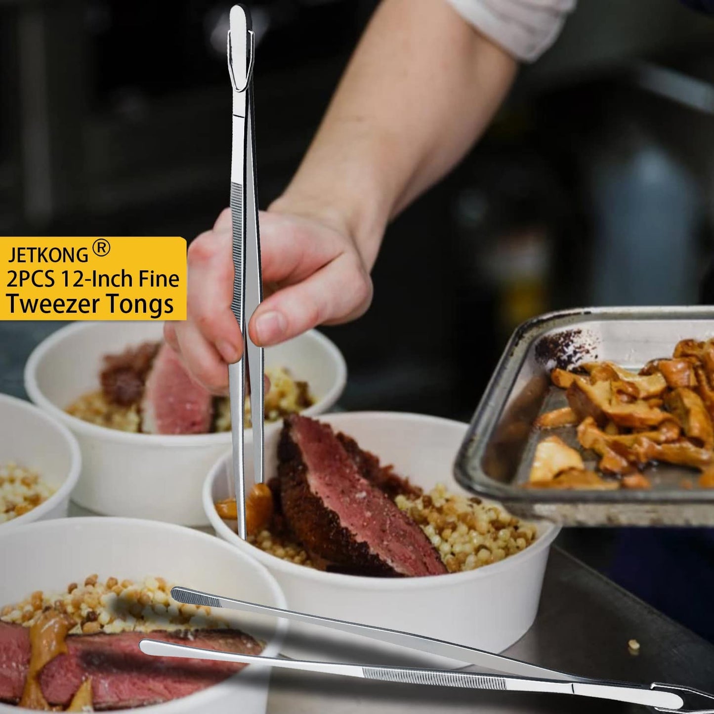 2 Pcs 12-Inch Kitchen Tweezers Fine Tweezer Tongs, Extra-Long Stainless Steel Cooking Tweezers (Silver)