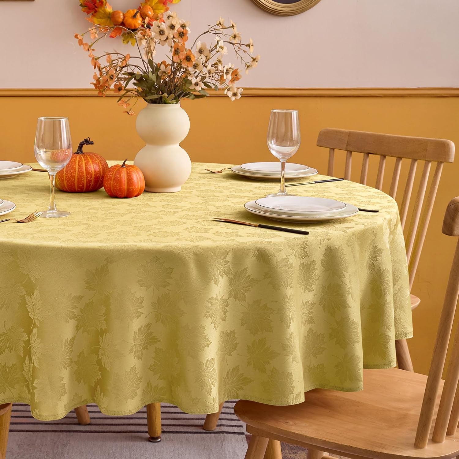 Fall round Tablecloth 60''-Gold Thanksgiving Autumn Harvest Gathering Jacquard Fabric Damask Table Cloth, Small Circle Folding Table Covers Kitchen Dinner Dining Picnic Holiday Parties