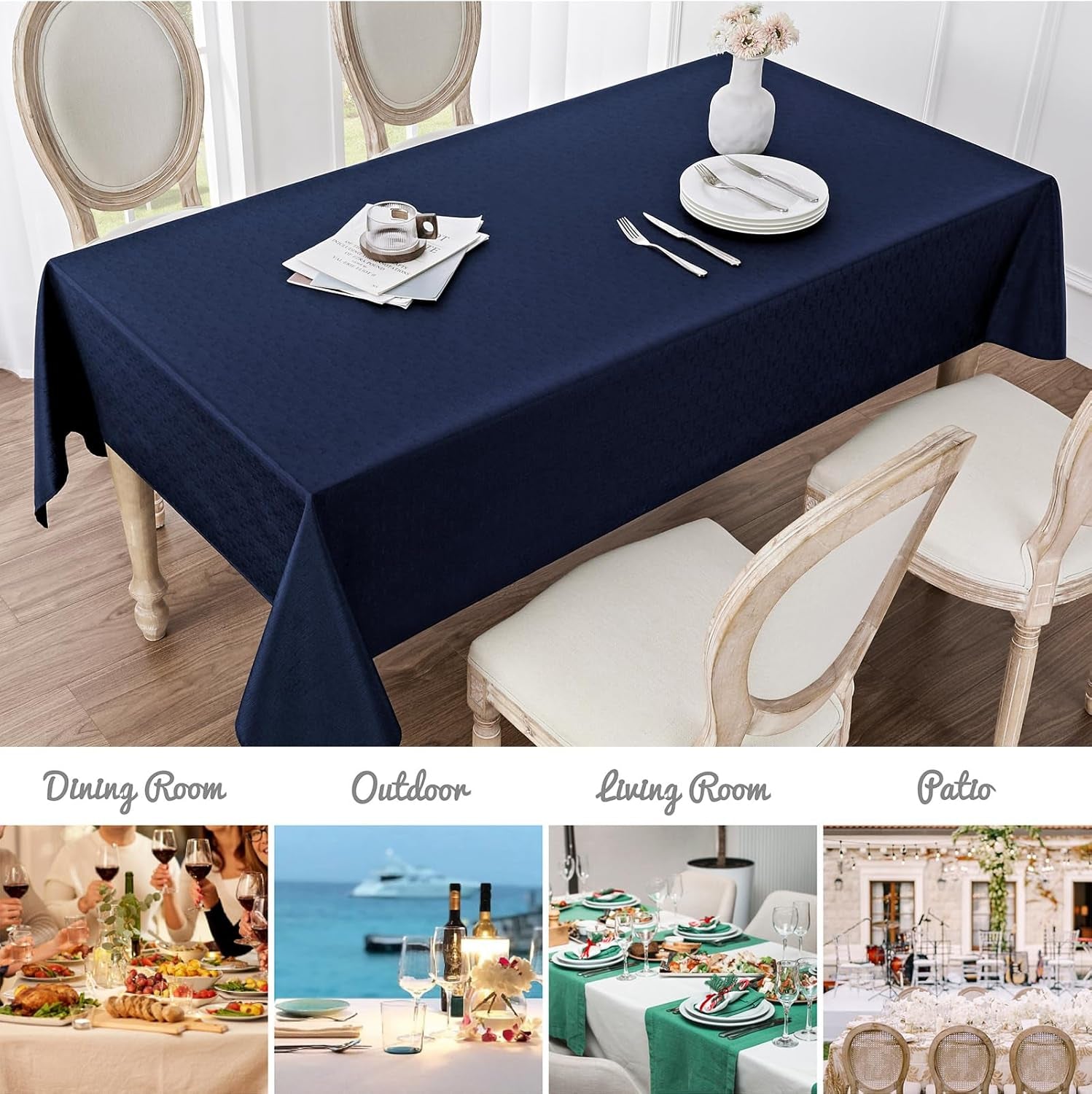 Rectangle Tablecloth Waterproof 52X70 Inch Linen Textured Table Cloth Stain and Wrinkle Resistant Washable, Decorative Fabric Table Cover for Dining, Party and Camping, Navy Blue