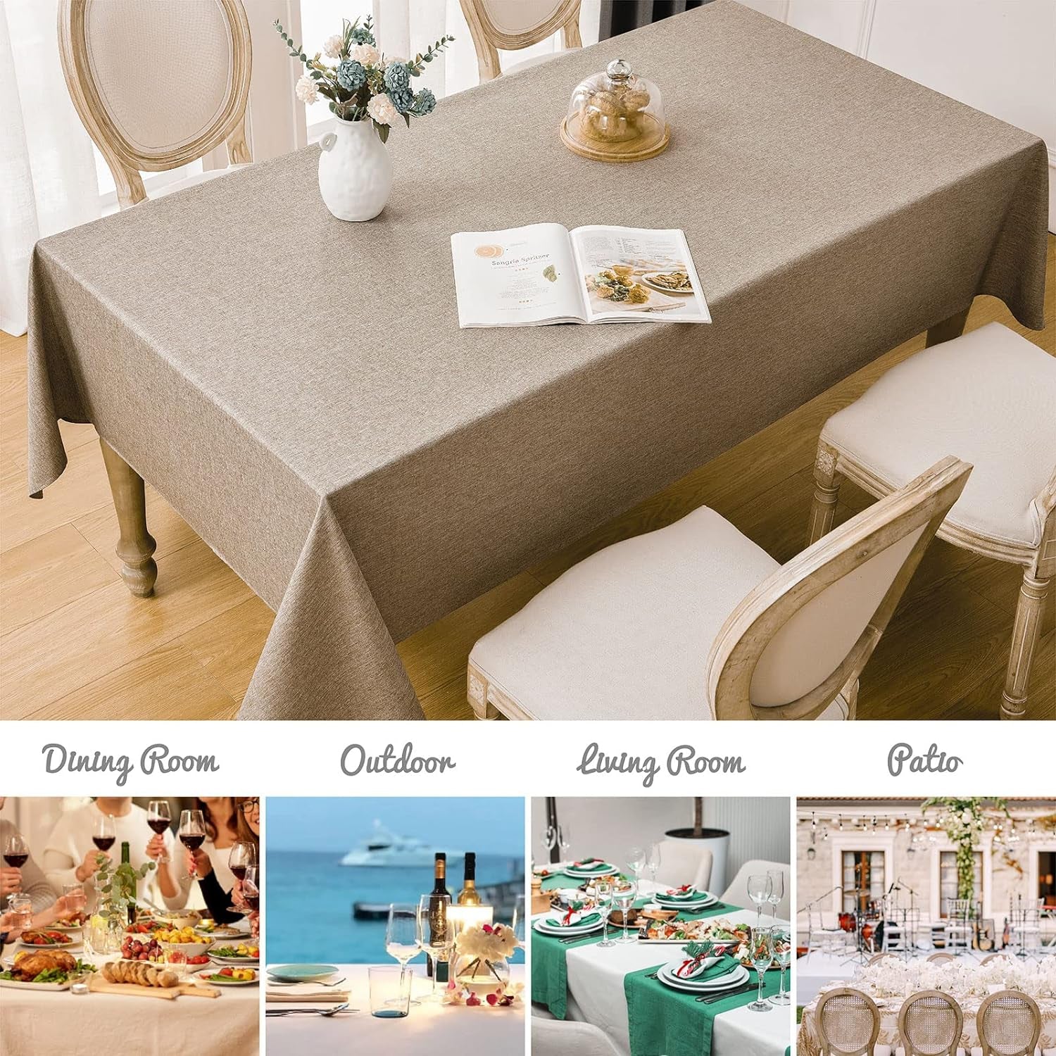 Rectangle Tablecloth Linen Textured Waterproof & Stain Resistant Table Cloth Wrinkle Free Decorative Fabric Farmhouse Table Cover for Dining/Party/Buffet/Wedding, 52 X 70 Inch, Mocha