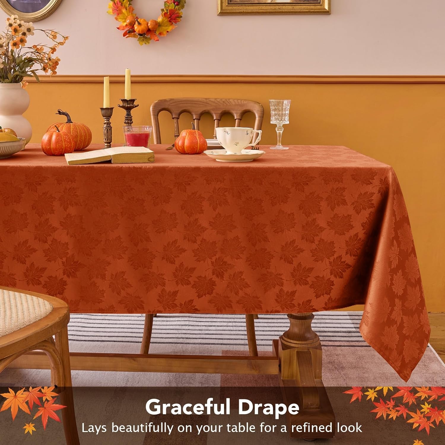2 Packs Fall Tablecloth Rectangle Tables 60X84''-Rust Thanksgiving Autumn Harvest Gathering Jacquard Fabric Damask Table Cloths Kitchen Dinner Dining Outdoor Picnic Holiday Parties