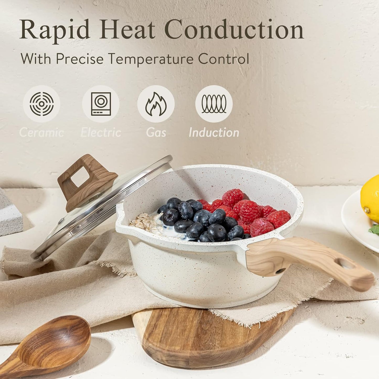 2Qt Sauce Pan Sets with Lid Cooking Pots Nonstick Saucepans Cookware Set with Pour Spout Small Kitchen Pot, Induction Comptable, Easy to Clean, PFOA FREE (White Granite)