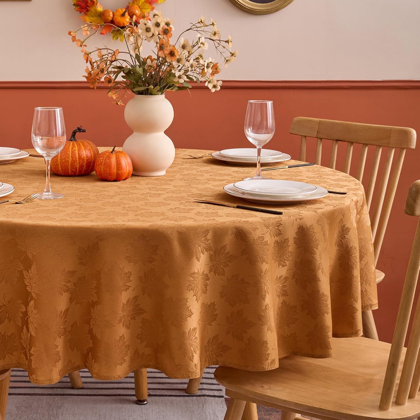 Fall round Tablecloth 60''-Amber Thanksgiving Autumn Harvest Gathering Jacquard Fabric Damask Table Cloth, Small Circle Folding Table Covers Kitchen Dinner Dining Picnic Holiday Parties