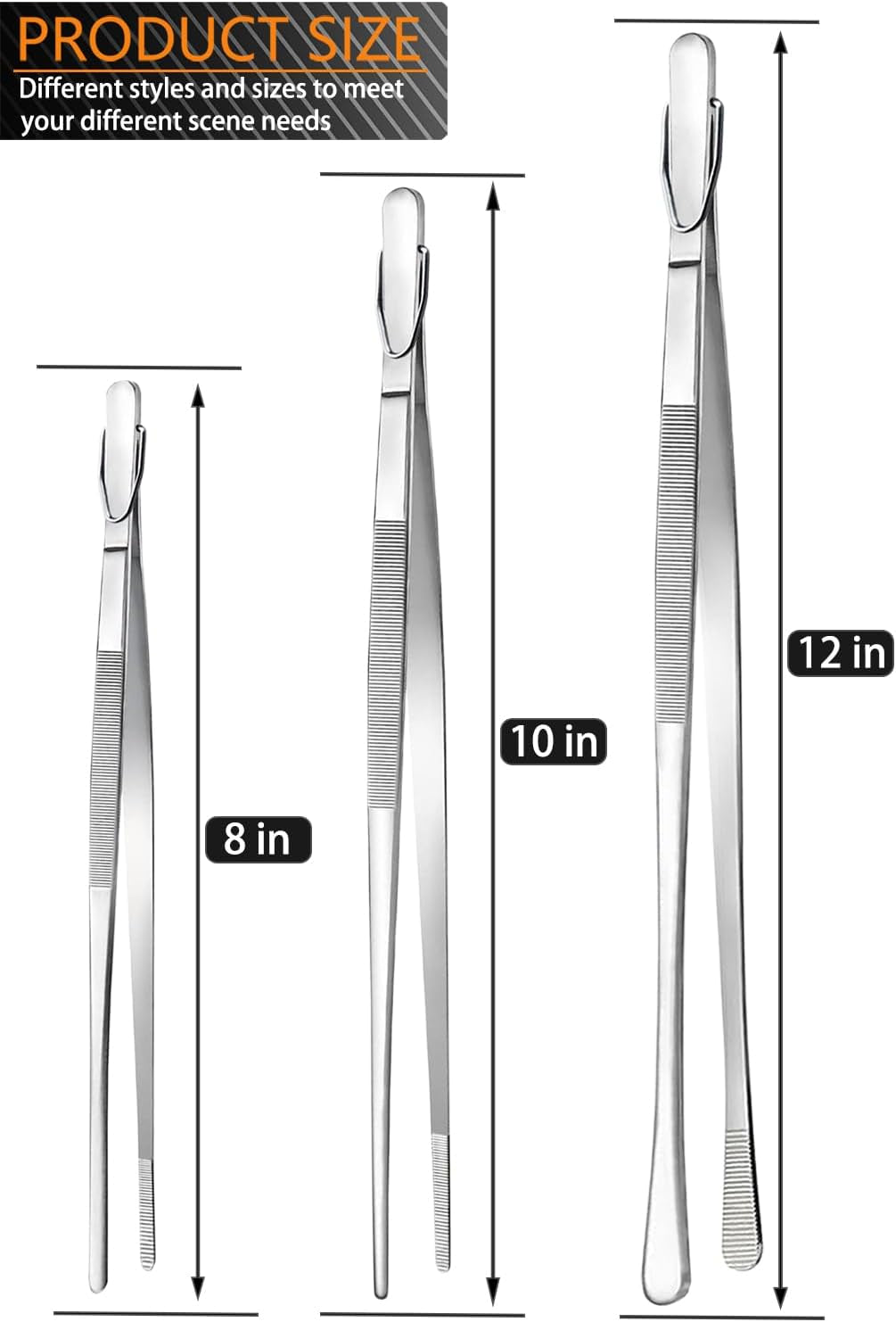 3 Pcs Kitchen Tweezers Tongs, Stainless Steel Cooking Tweezers, 8+10+12 Inch Ideal for Meat, Pasta, Plating and Pinching Delicate Small Pieces of Food (Silver)