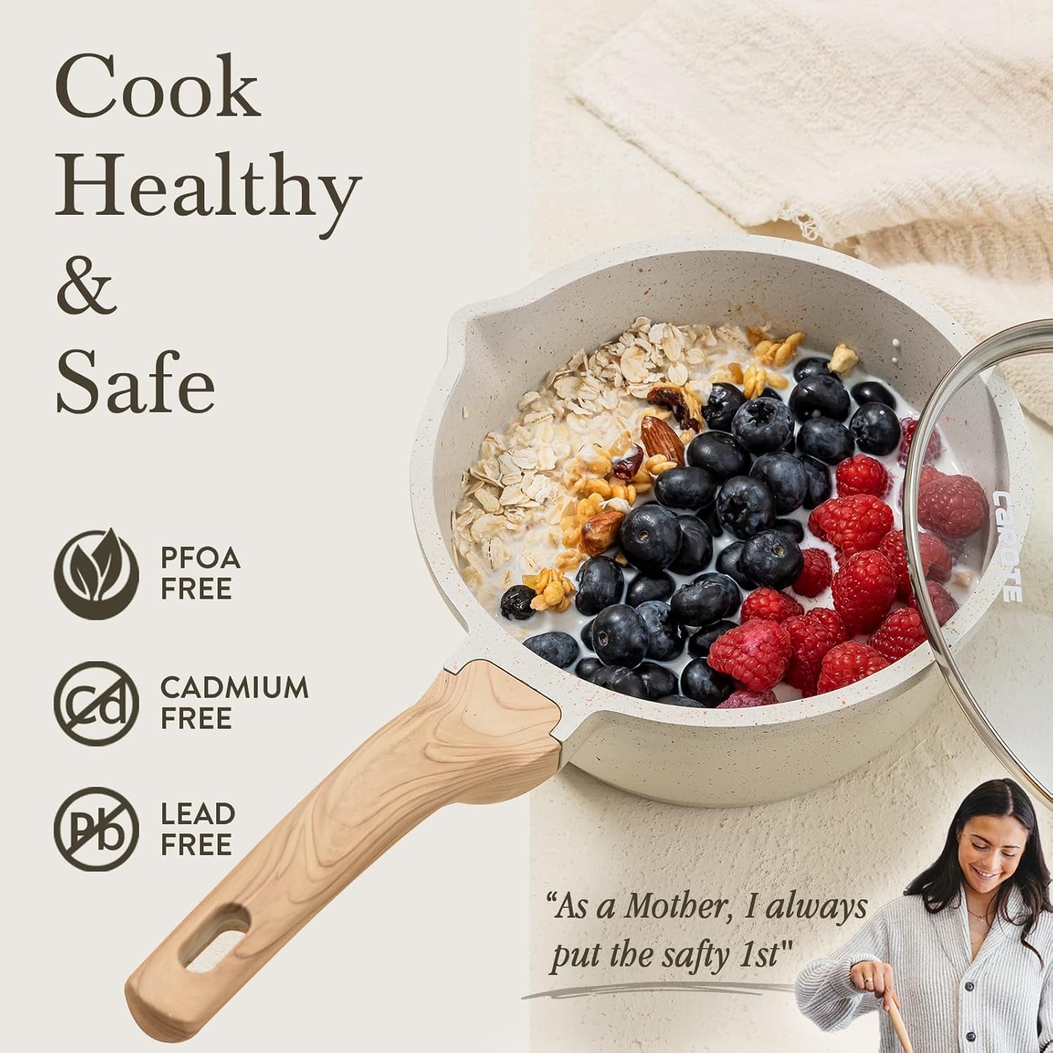 2Qt Sauce Pan Sets with Lid Cooking Pots Nonstick Saucepans Cookware Set with Pour Spout Small Kitchen Pot, Induction Comptable, Easy to Clean, PFOA FREE (White Granite)