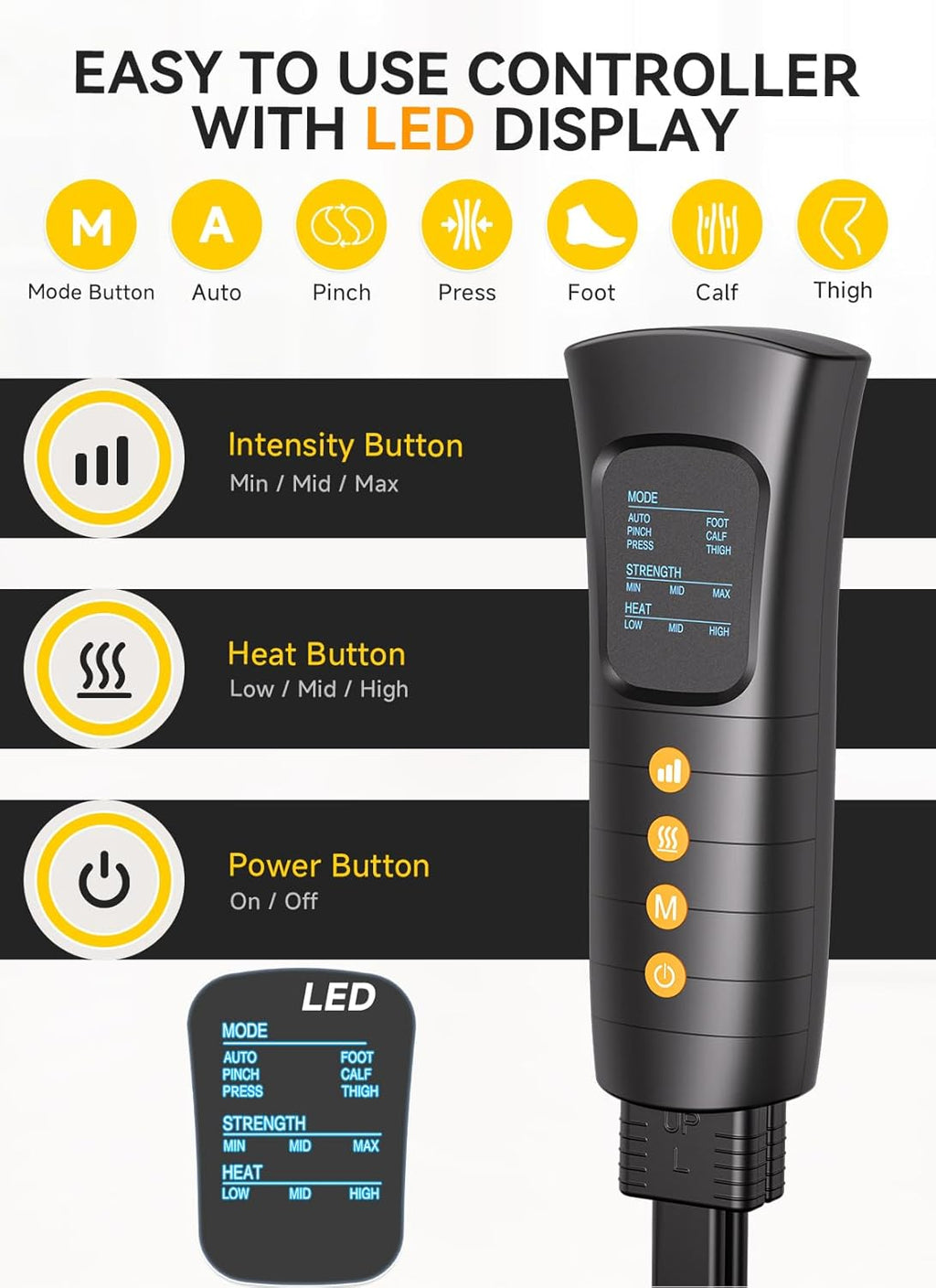 Leg Massager with Heat and Compression, Foot Calf & Thigh Massage for Circulation and Pain Relief, Leg Compression Massager with Handheld Controller 3 Intensities 6 Modes