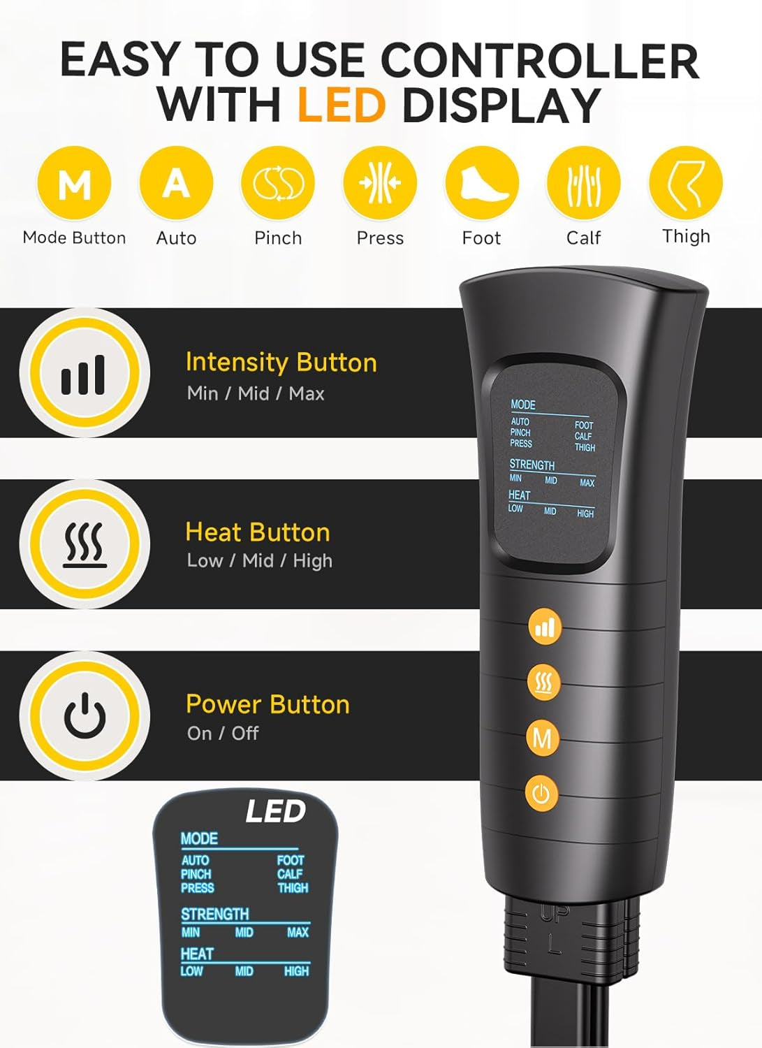 Leg Massager with Heat and Compression, Foot Calf & Thigh Massage for Circulation and Pain Relief, Leg Compression Massager with Handheld Controller 3 Intensities 6 Modes