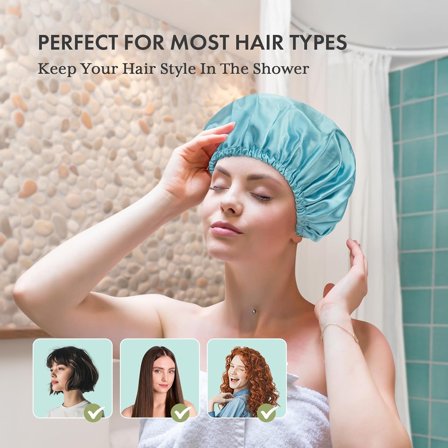 Shower Caps for Women Reusable Waterproof, 4 PCS Double Layers Shower Hair Cap, Elastic and Reusable Hair Cap, Environmental Protection Bathing Hat for Adult Kids