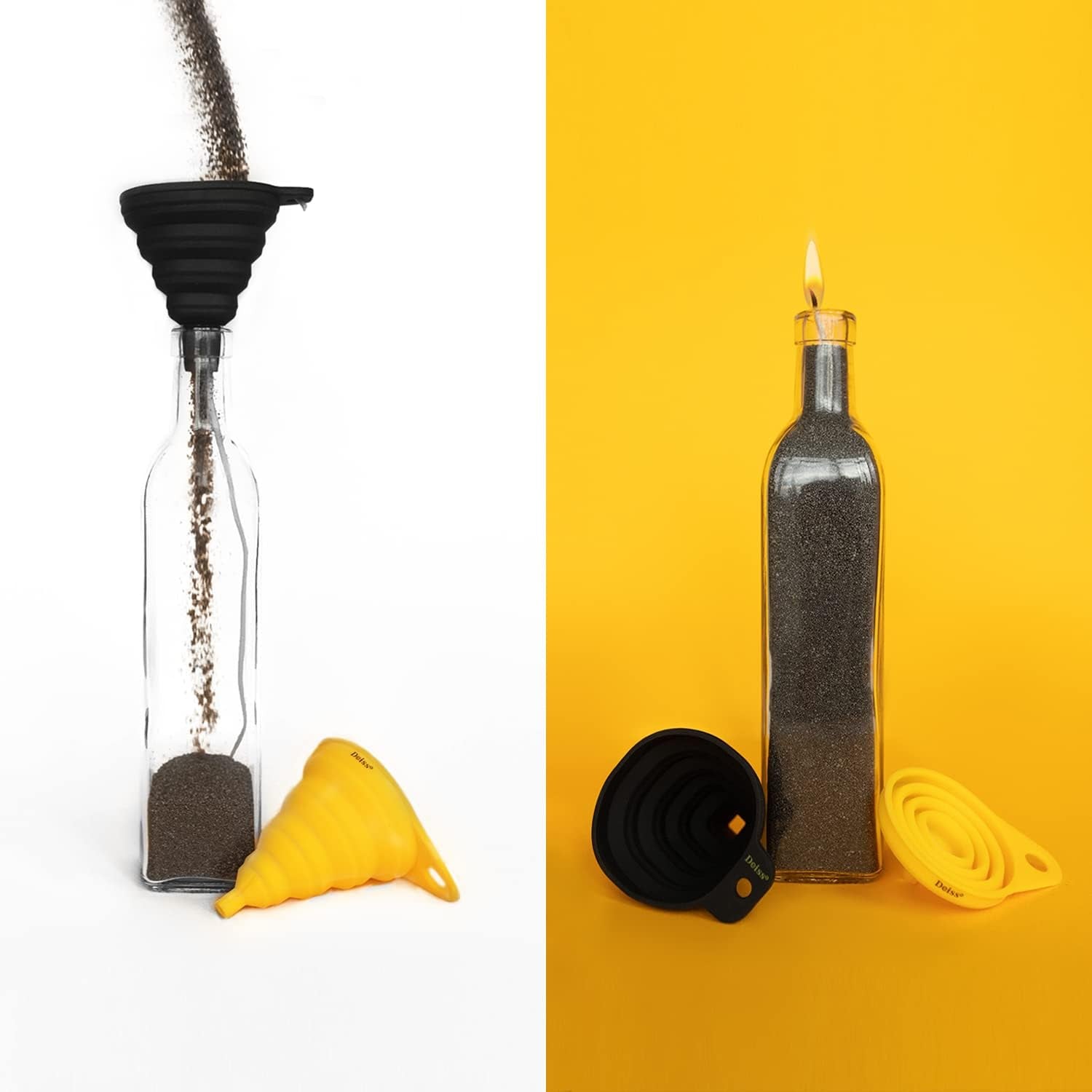 PRO Silicone Collapsible Funnel Set - Rounded & Squared Foldable Funnels - Food Grade, Dishwasher Safe - Set of 2 (Yellow, Black)