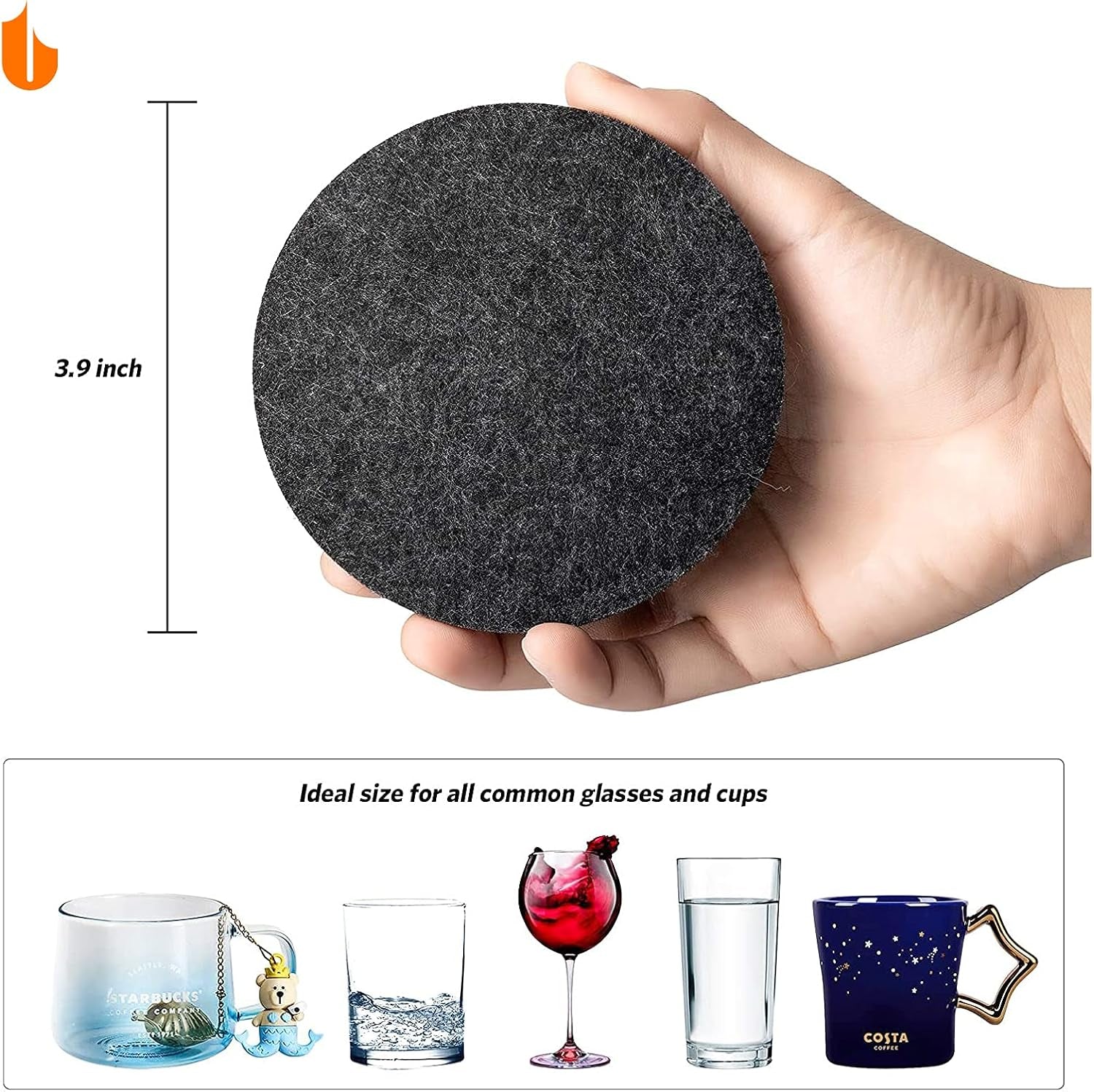 6 PCS Coasters, Eco-Friendly 100% Biodegradable Absorbent Felt Coasters for Drinks Bar Home, 4 Inch (Black Round)