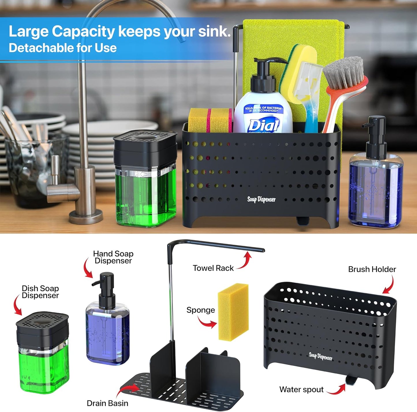 Sponge Holder for Kitchen Sink, High Brush Holder with Hand Soap & Dish Soap Dispenser - Perfect for Kitchen Countertop Organization, Includes Sponge, Dish Soap Dispenser Set