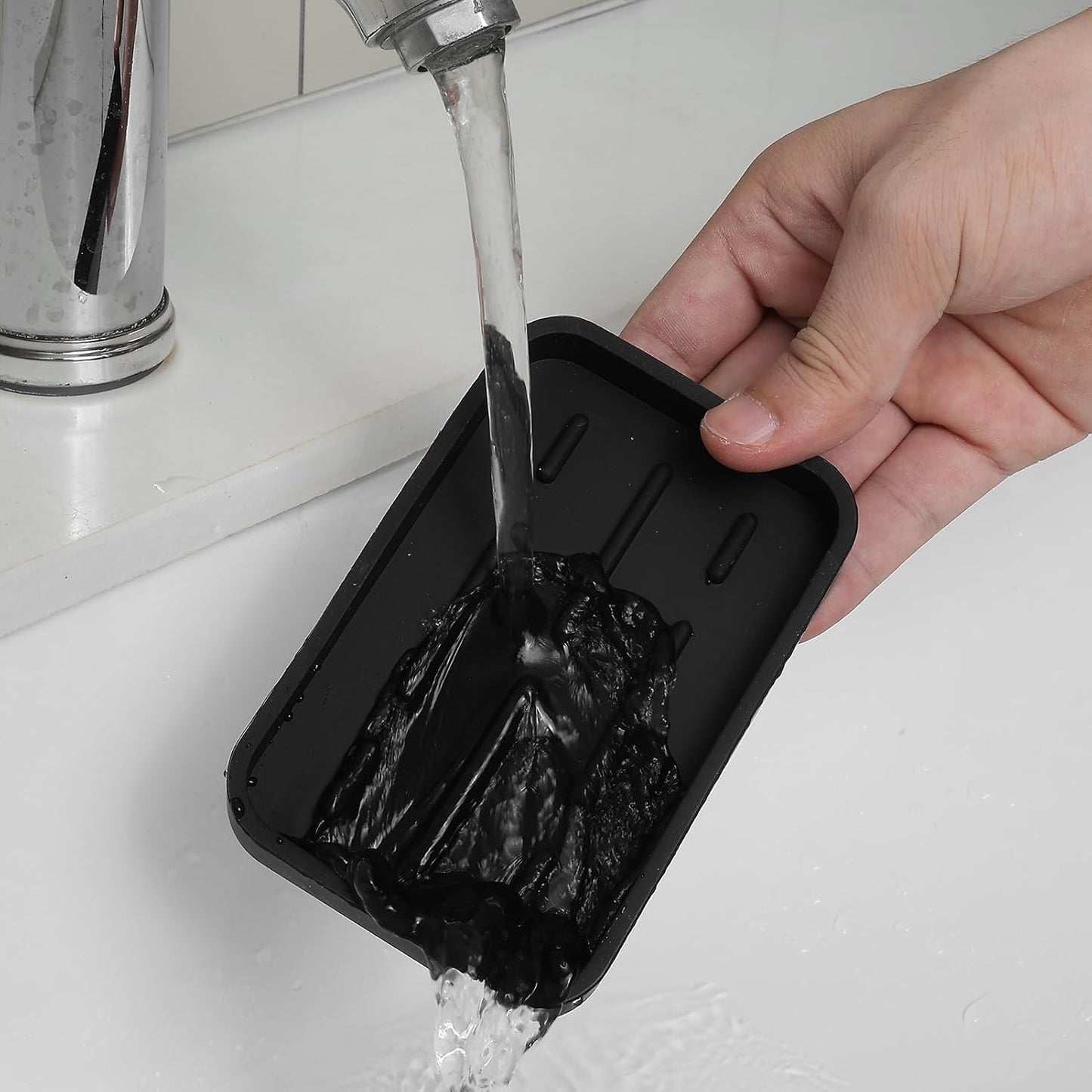 Silicone Kitchen Sink Organizer Tray for Multiple Usage,Easy Clean Sponges Holder for Kitchen Bathroom Counter or Sink,Dish Soap Dispenser,Scrubber,Bottle,Cup Black 4.9”X 3.2”