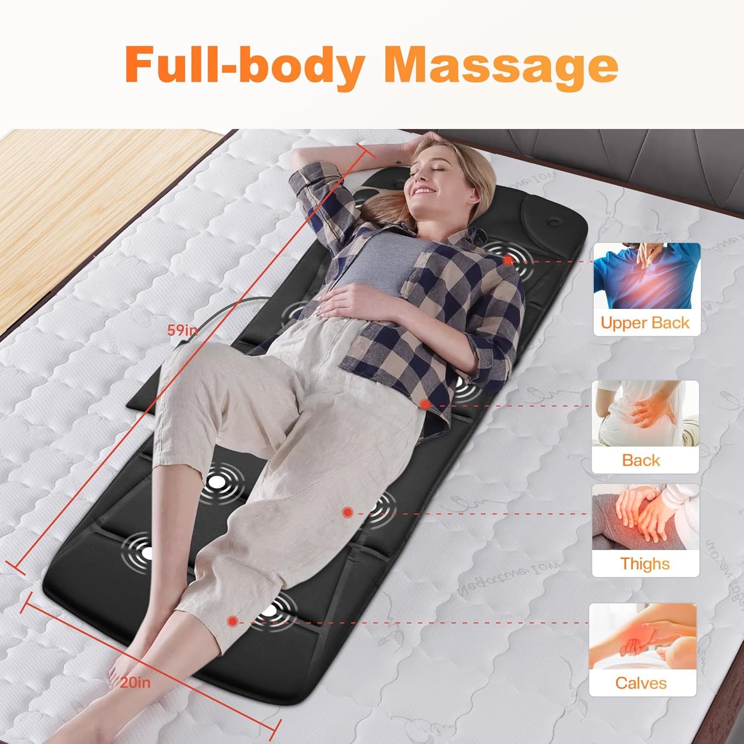 Massage Mat Full Body,Massager Chair Pad,10 Vibration Motors & 5 Massage Modes,Back Massager for Bed,Massage Mattress Pad for Back,Heating Pad with Auto Shut Off, Gifts for Men,Women,Black