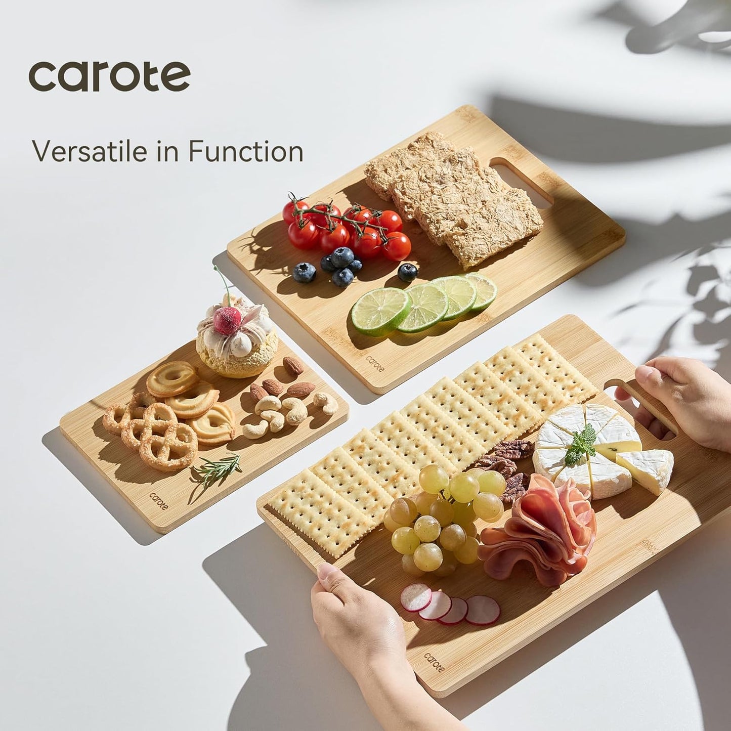 3Pcs Bamboo Cutting Boards Set, Thick Wood Cutting Board for Kitchen Wooden, Knife Friendly, Ideal for Chopping Meat Vegetables and Fruit Serving Tray with Handles