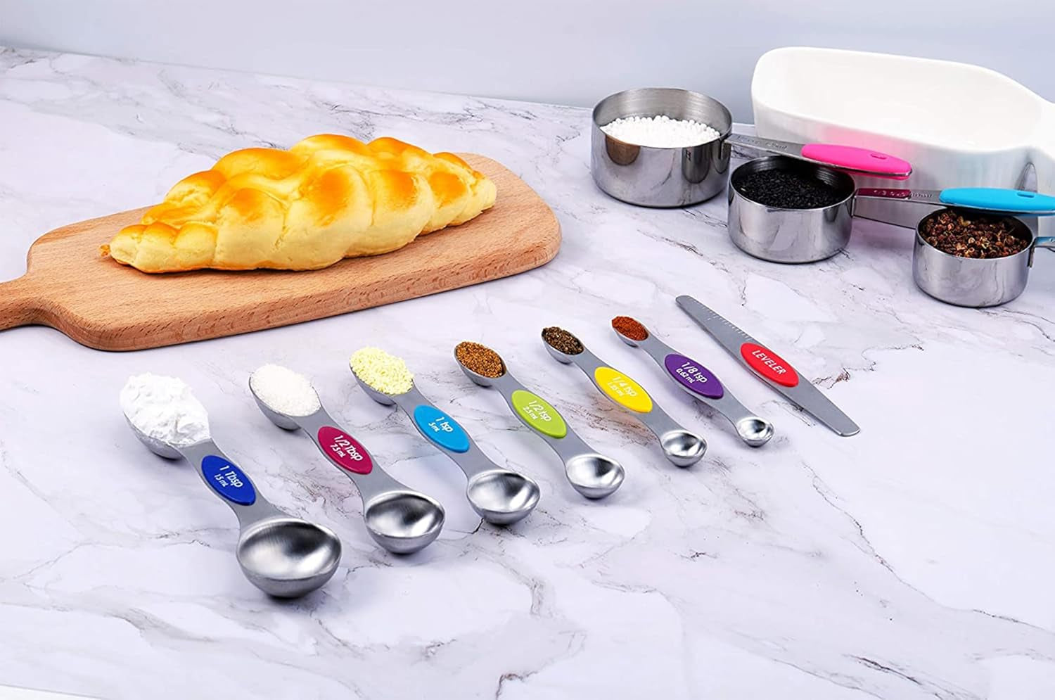 Measuring Cups and Magnetic Measuring Spoons Set, Stainless Steel Measuring Cups, 6 Double-Sided Stainless Steel Measuring Spoons & 1 Leveler (12)