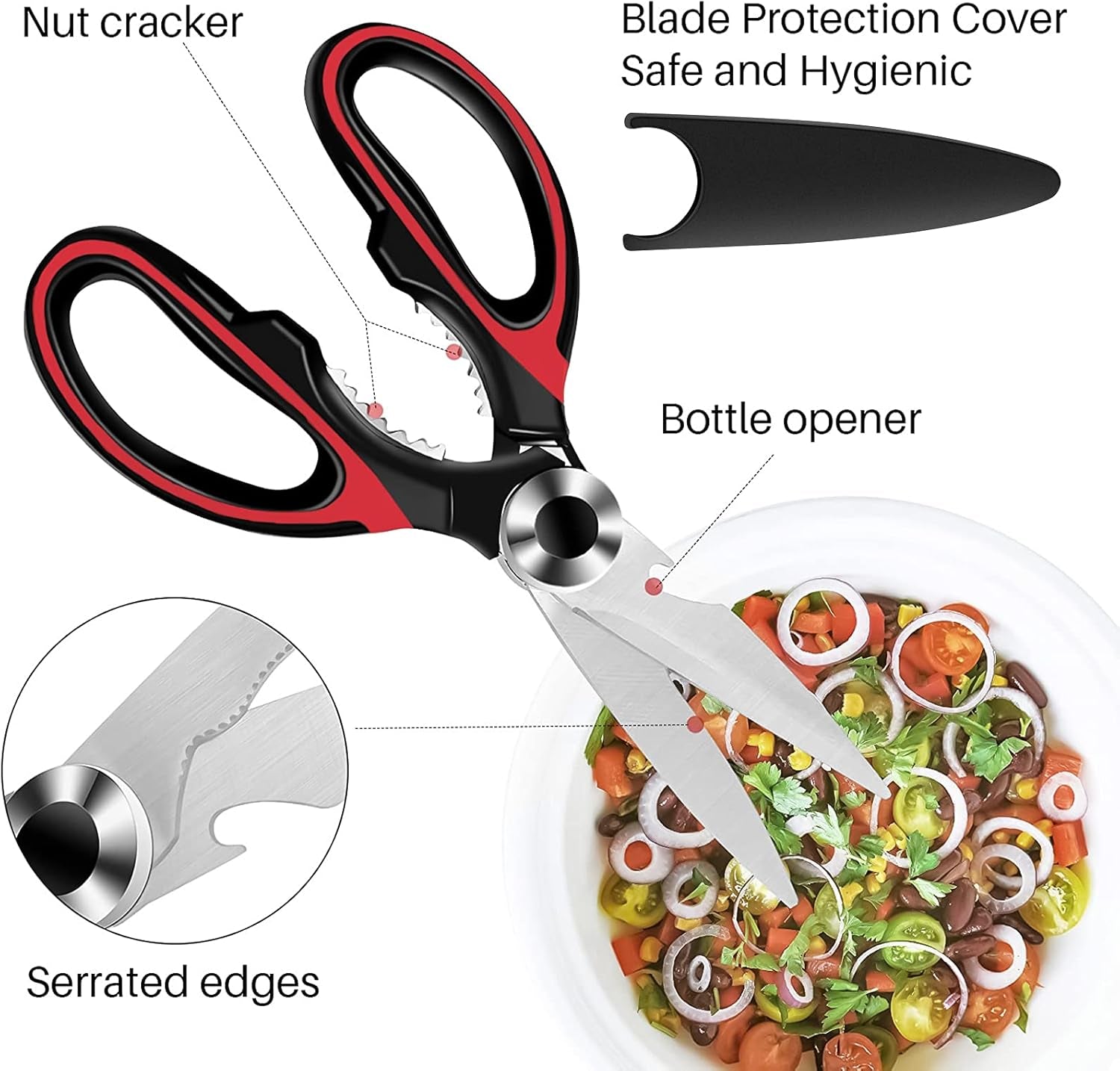 Heavy Duty Kitchen Shears with Protective Sheath Kitchen Meat Scissors, Dishwasher Safe Cooking Scissors for Chicken, Poultry, Fish, Herbs (Black+Red)