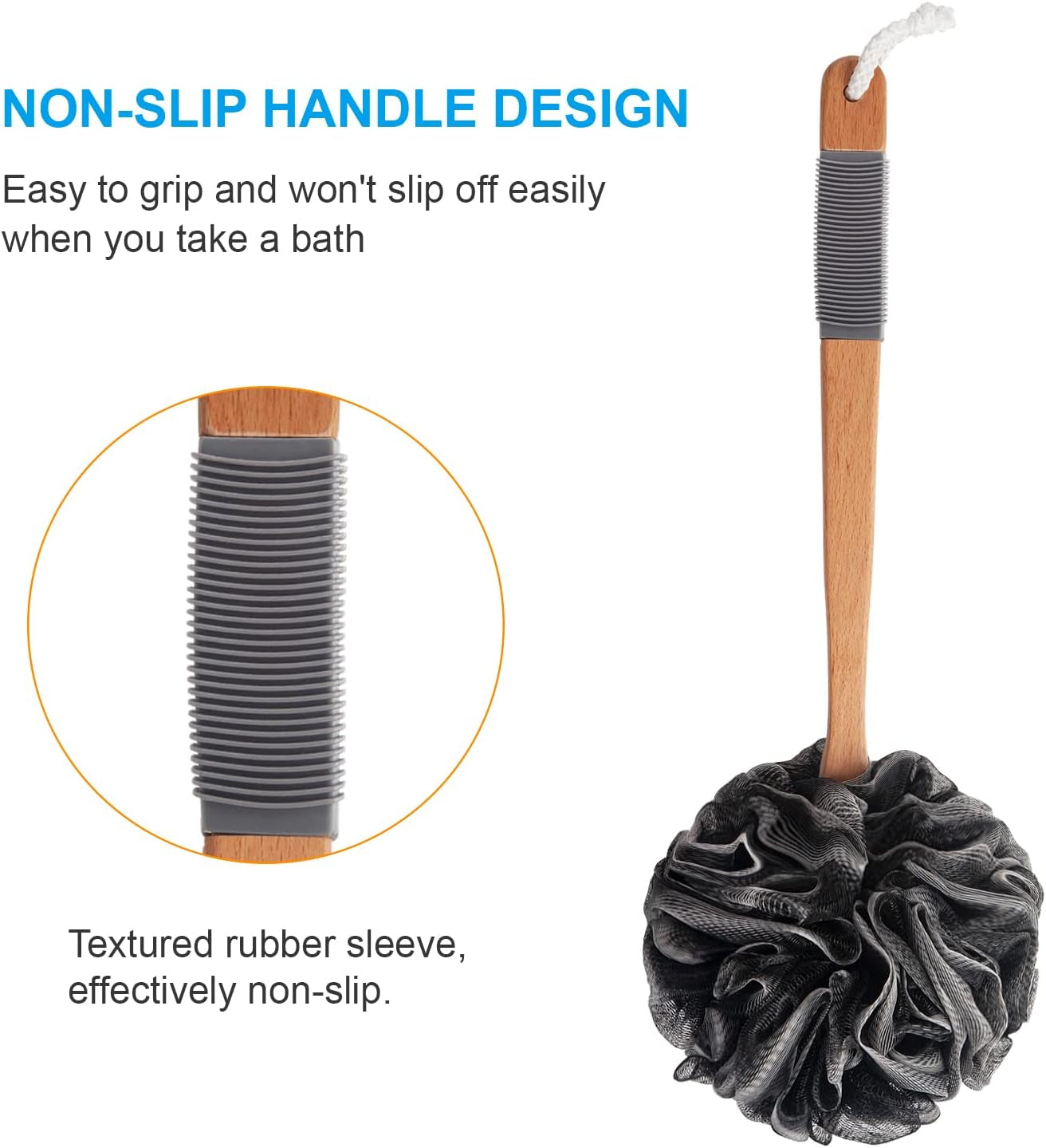 Shower Sponge Loofah Back Scrubber, PE Soft Mesh Loofah Body Scrubber with Long Wooden Handle, Bath Sponge for Men Women (Black)