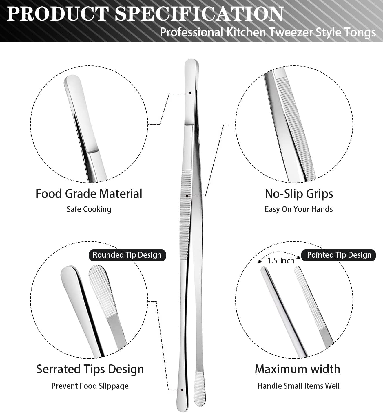 2 Pcs 10-Inch Cooking Tweezers Stainless Steel, Straight Food Tweezers, Professional Kitchen Forceps for Cooking Repairing and BBQ (Silver)
